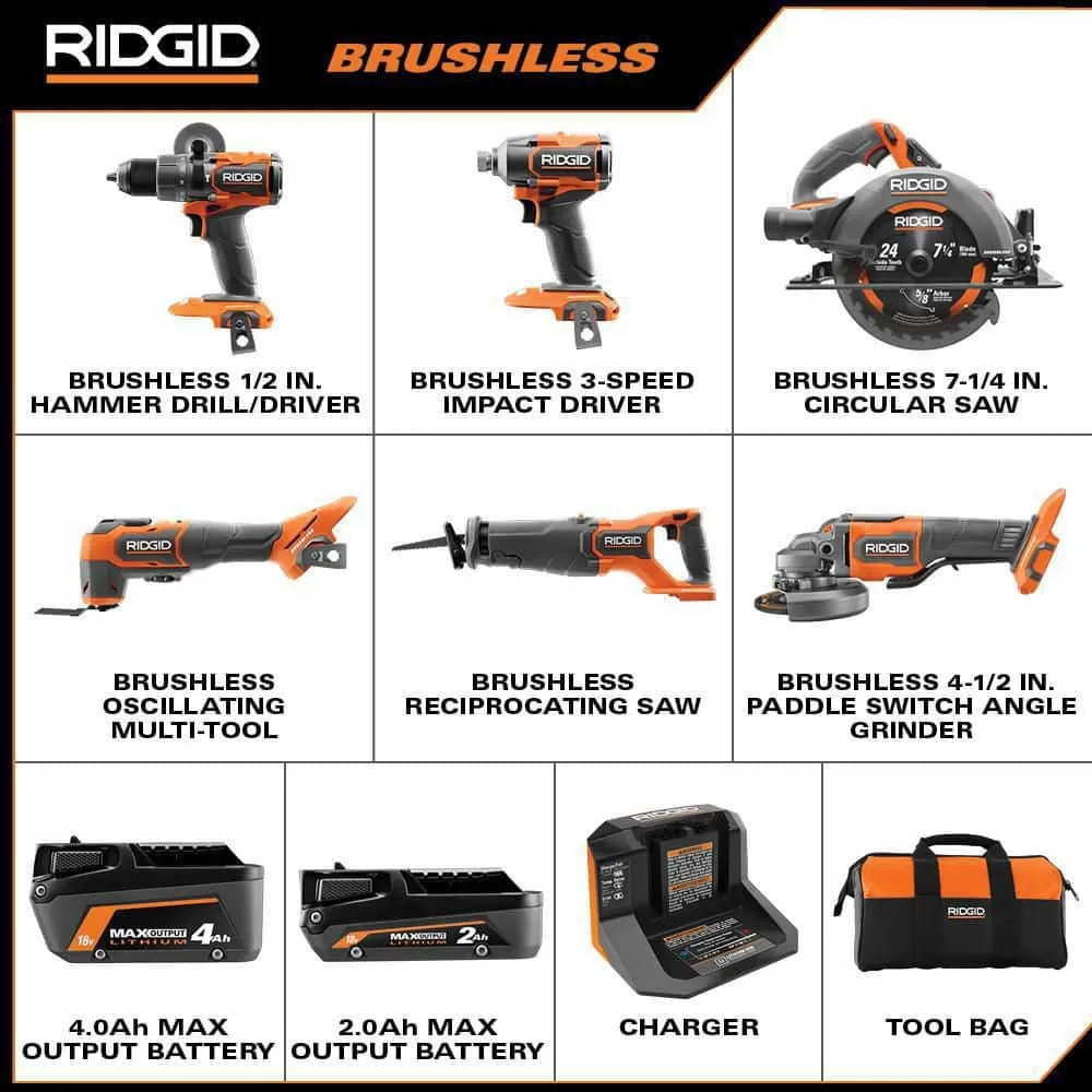 RIDGID 18V Brushless Cordless 6-Tool Combo Kit with 4.0 Ah and 2.0 Ah MAX Output Batteries and Charger R96263
