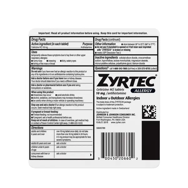 Zyrtec 60-Count 10 mg Allergy Tablets