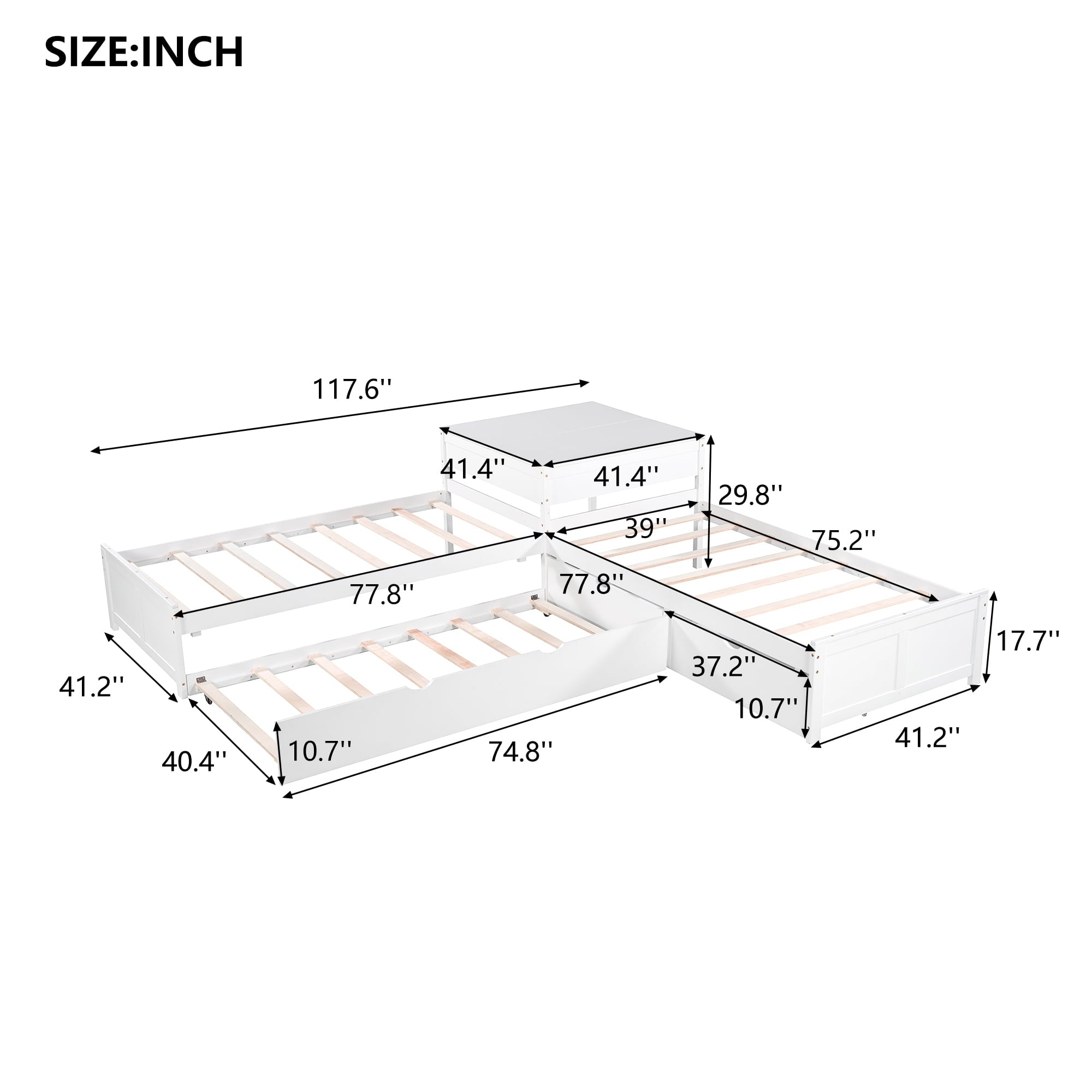 EUROCO Pine Wood L-Shaped Twin Platform Bed for Kids, White