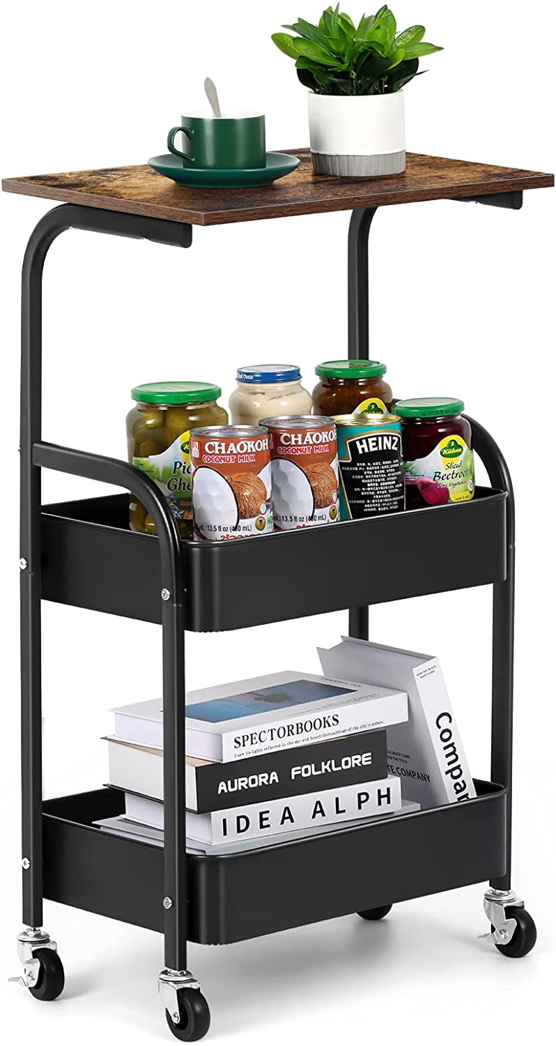 3-Tier Kitchen Rolling Storage Cart with Wheels， Wooden Tabletop， Black