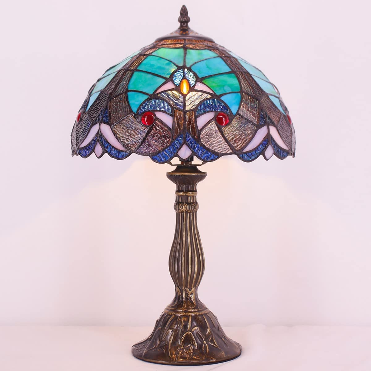 SHADY  Style Lamp Green Liaison Stained Glass Bedside Table Lamp Reading Desk Light 12X12X18 Inches Decor Nightstand Bedroom Living Room Home Office S160G Series