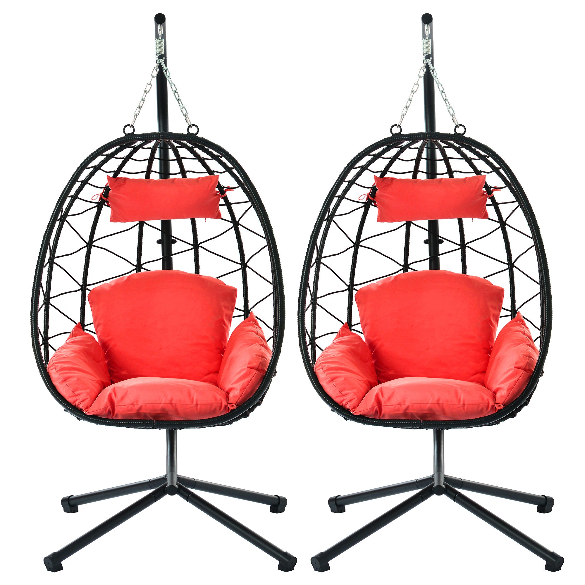 SYNGAR 2 Piece Indoor Outdoor Patio Wicker Hanging Chairs, Swing Hammock Egg Chairs Waterproof Cushions with Steel Frame, 300lbs Capacity for Patio Balcony Bedroom Living Room, Red