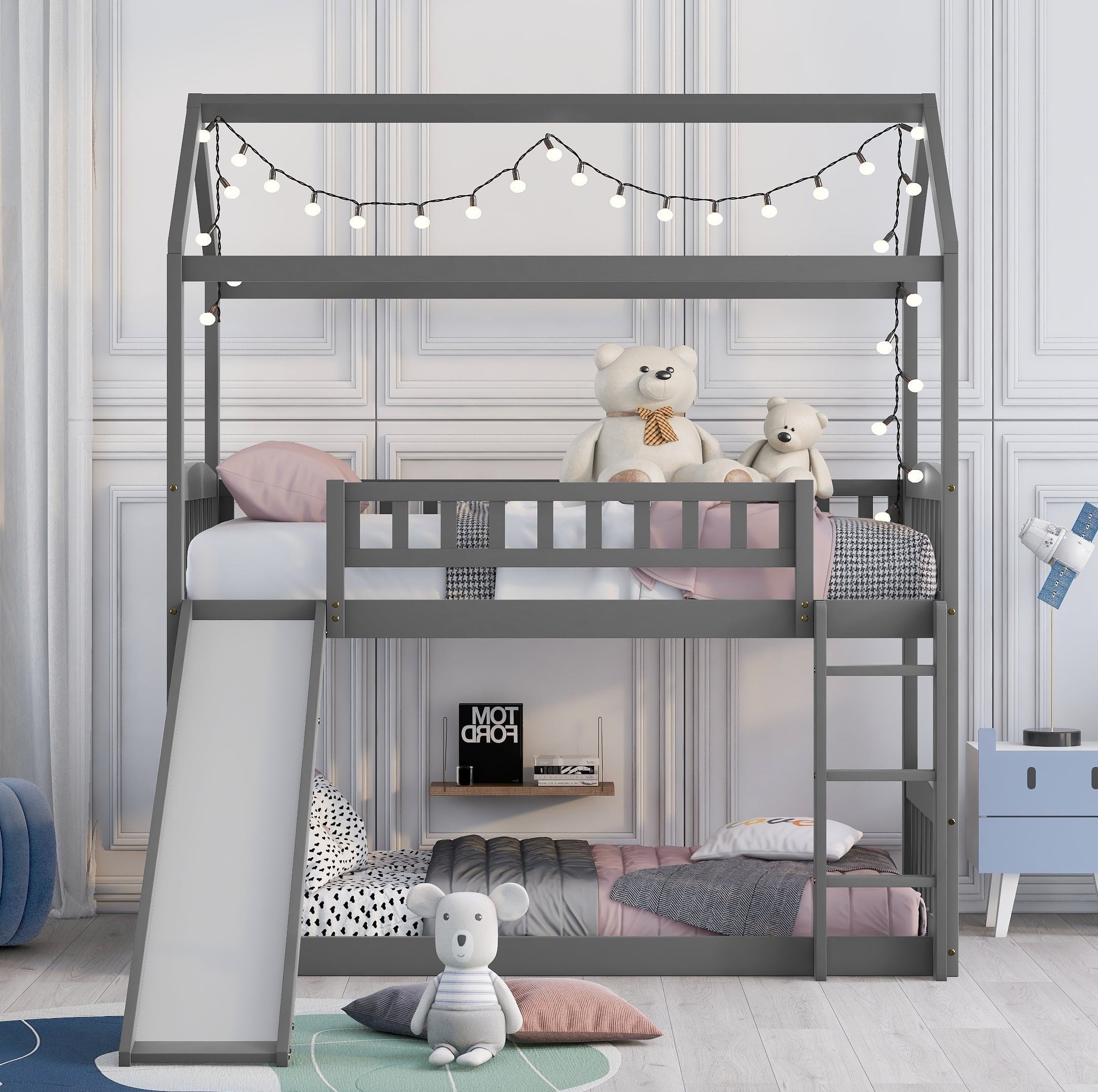 Bellemave Bunk Bed with Slide, Wood Twin Over Twin House Bed Frame with Ladder for Kids Teens(Gray)