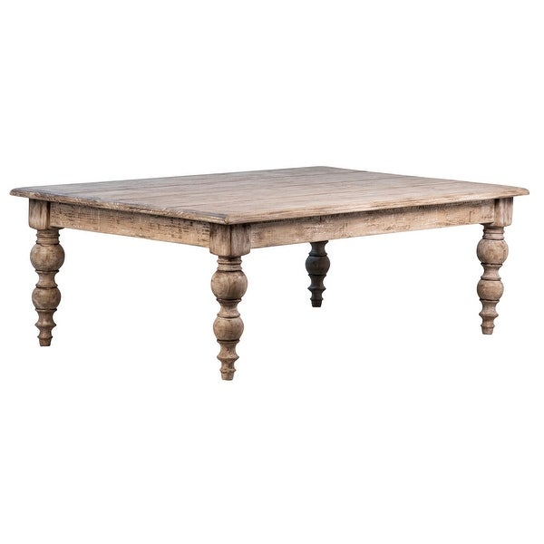 Zuri 54-inch Rectangular Reclaimed Pine Coffee Table with Carved Four Poster Legs Finished in an Antique Seal