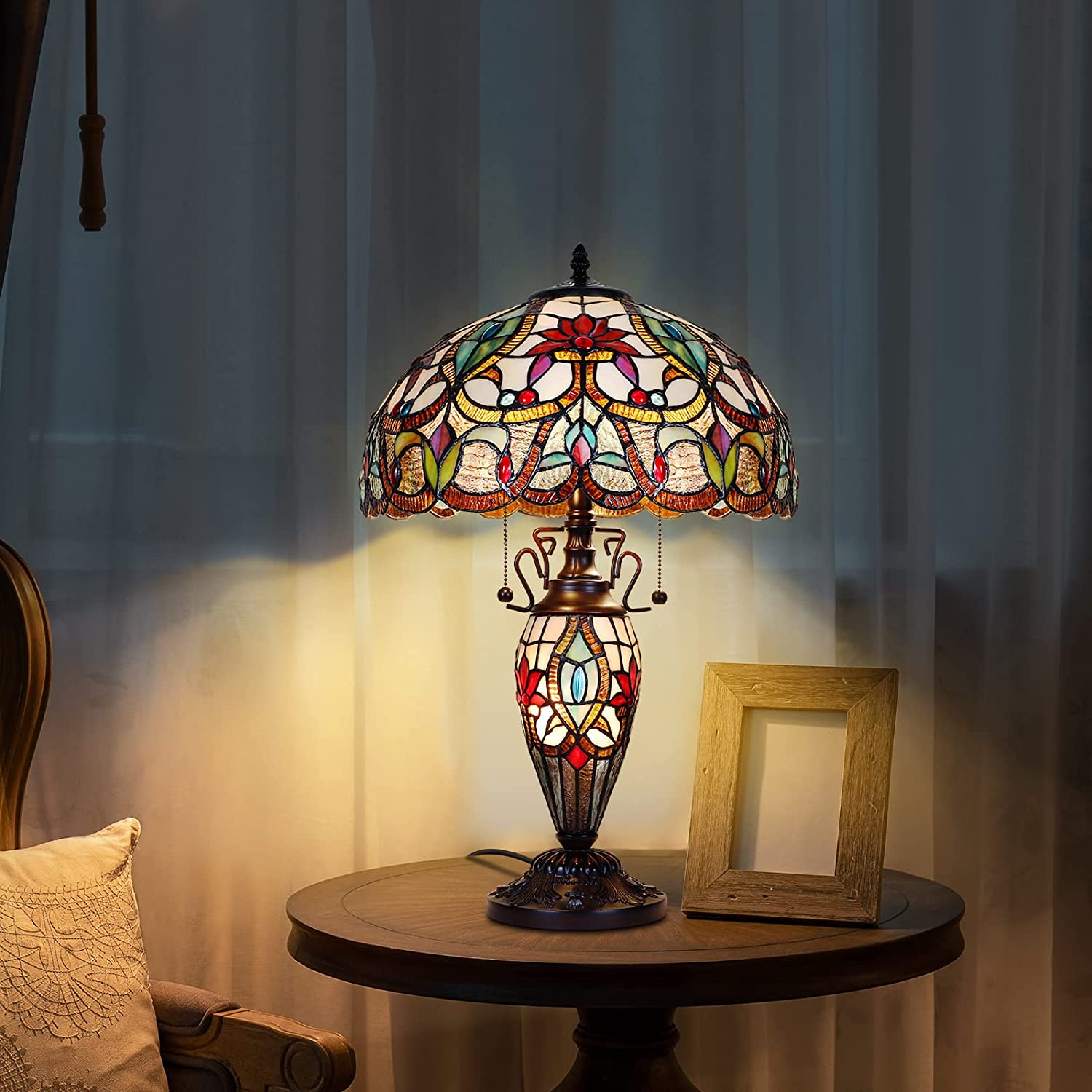 MOOVIEW  Lamp Night Light Stained Glass  Table Lamp 24\u2019\u2019 Tall Vintage Living Room Bedroom  Office Bedside Reading Lamp 3 LED Bulb Included  Orange Christmas Gift