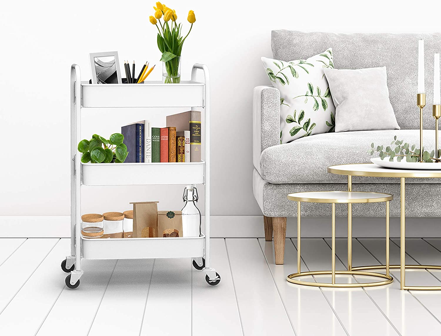 MLMLH 3-Tier Rolling Metal Storage Organizer - Mobile Utility Cart Kitchen Cart with Caster Wheels， White