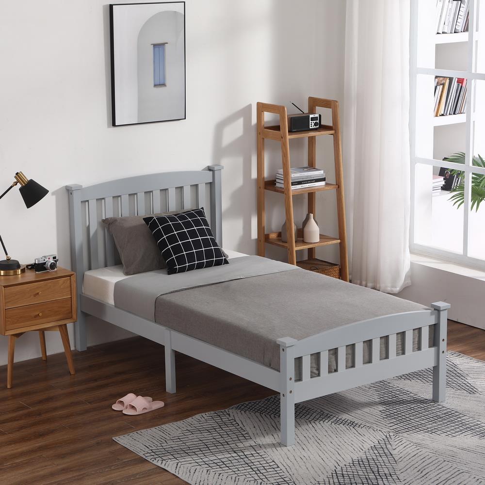 Ktaxon Twin Bed Frame,Solid Pine Wood Kids Twin Platform Bed Frame, Bedroom Twin Bed with Headboard for Adults, Gray, 78.94âL*42.44âW*39.17âH