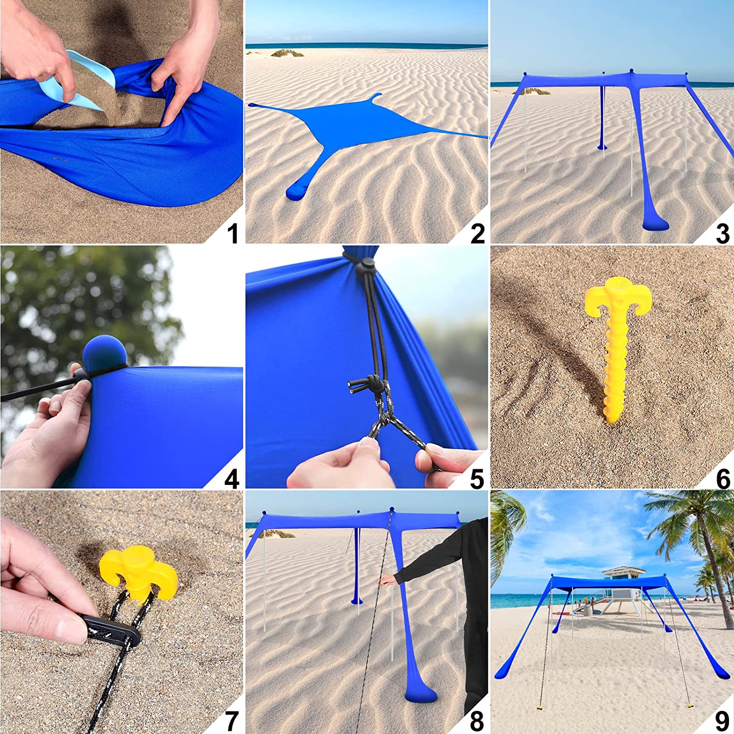 Beach Shade Canopy UPF50+ Portable Windproof Beach Tent Pop Up Sun Shelter with Anti-Wind Ropes and Carrying Bag for Camping， Fishing， Backyard， Picnics(7x7.5FT