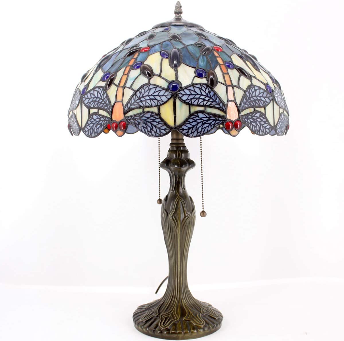 GEDUBIUBOO  Lamp Stained Glass Bedside Table Lamp Navy Blue Yellow Turquoise Dragonfly 16X16X24 Inch Desk Light Metal Base Decor Bedroom Living Room  Office S128 Series
