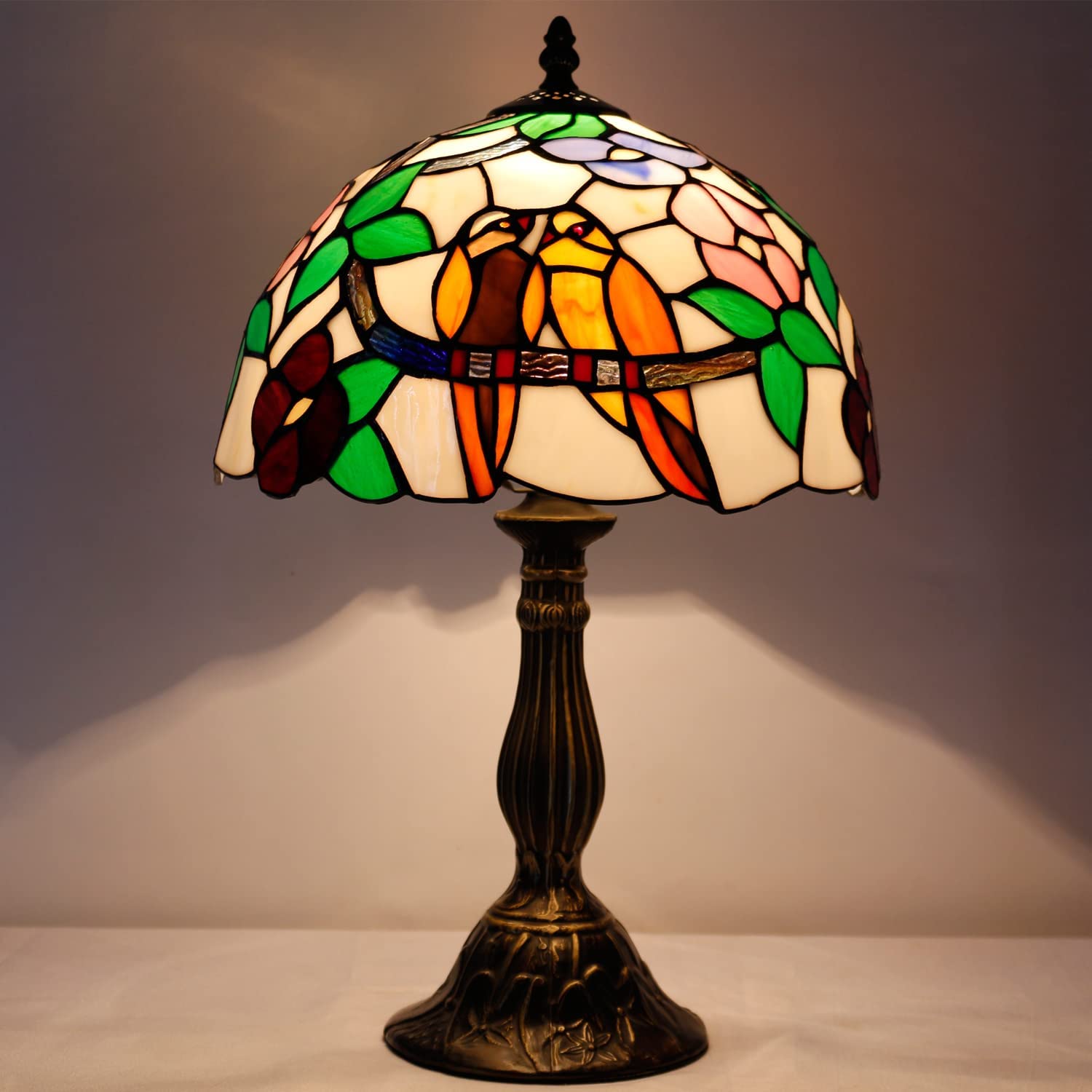 SHADY  Table Lamp Stained Glass Bedside Lamp Double Tropical Birds Desk Reading Light 12X12X18 Inches Decor Bedroom Living Room Home Office S803 Series