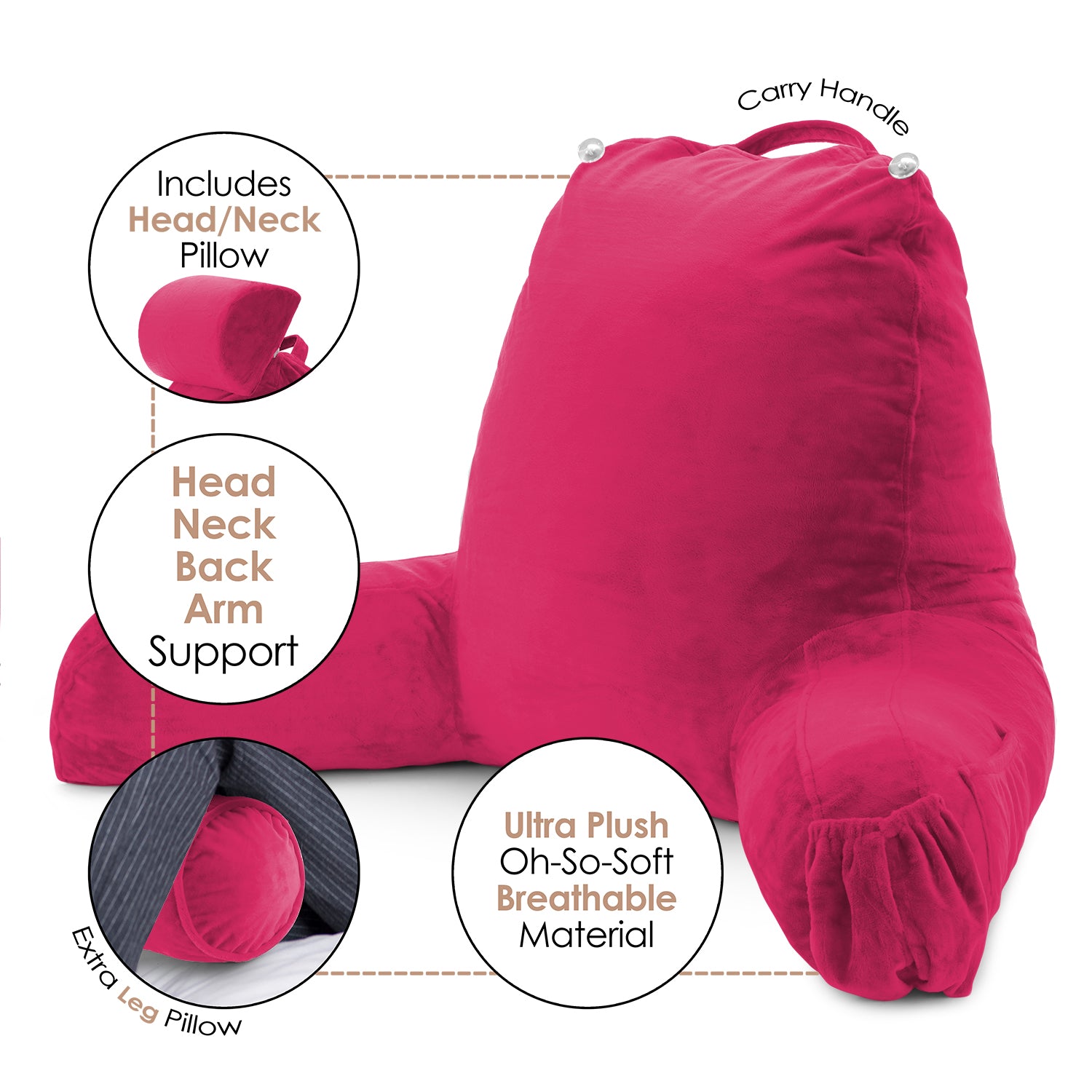 Nestl Reading Pillow, Extra Large Bed Rest Pillow with Arms – Premium Shredded Memory Foam TV Pillow, Detachable Neck Roll & Lumbar Support Pillow - Hot Pink