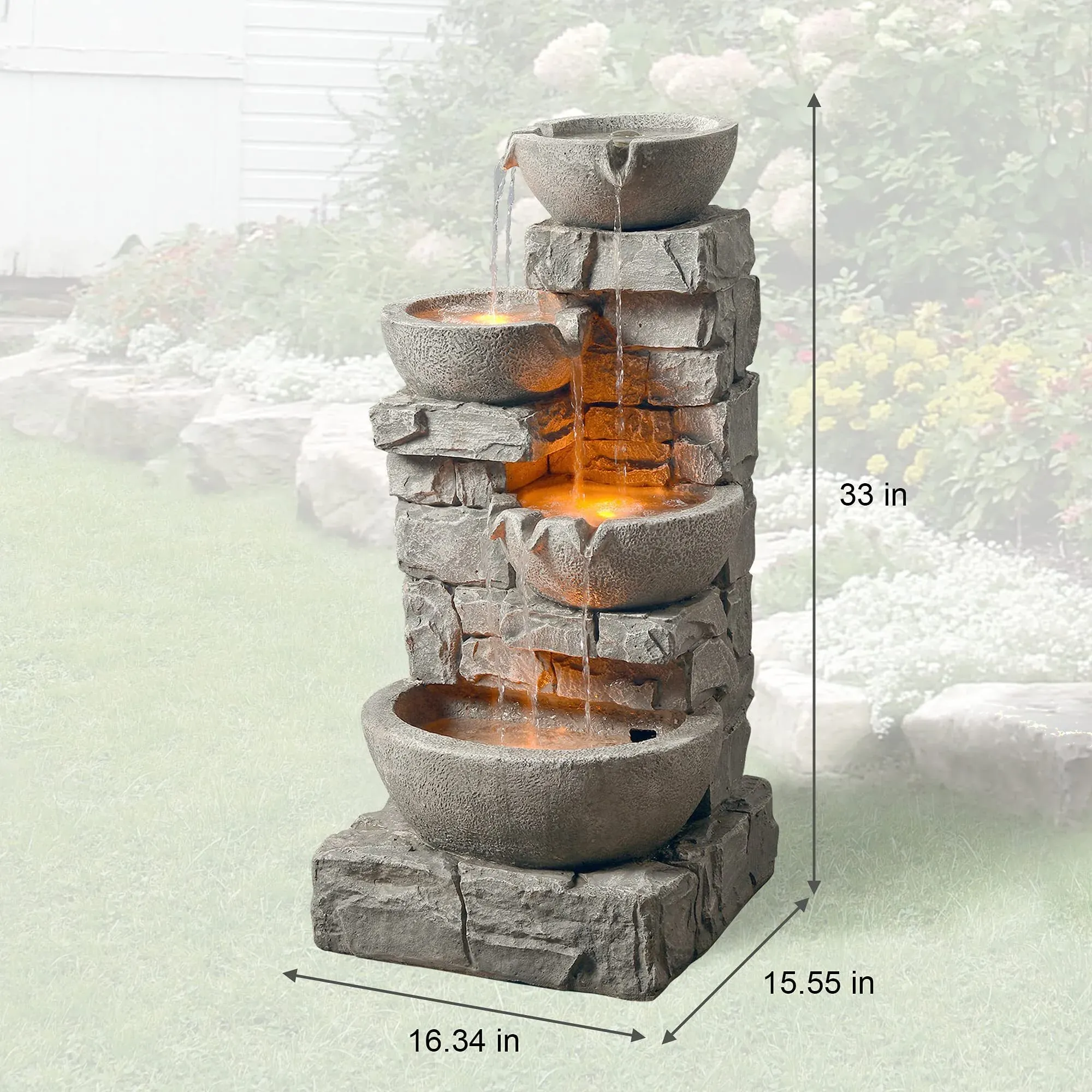 💕Clearance sale💕4 tier bowl floor stacked stone waterfall fountain with LED lights and pump