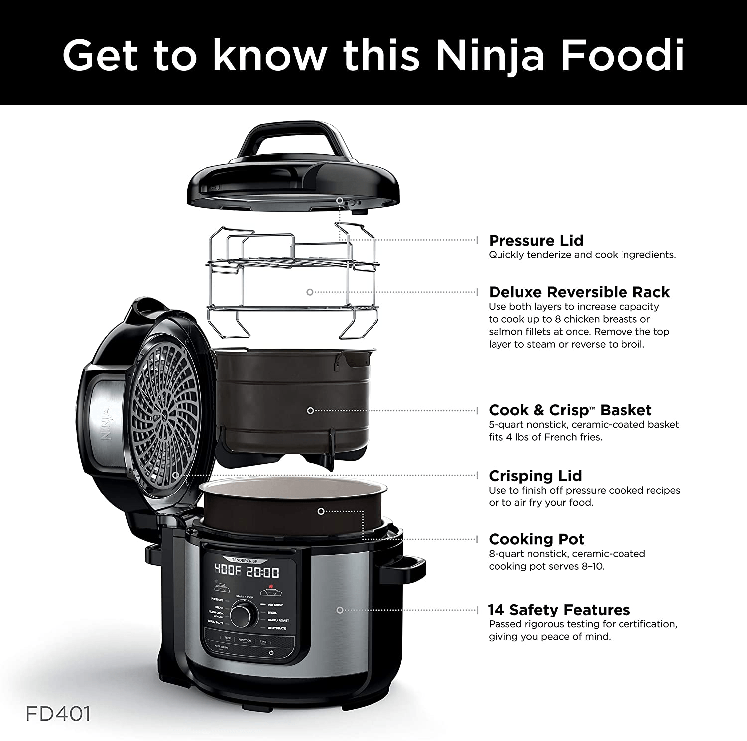 Ninja FD401 Deluxe Pressure Cooker， 8-Quart， Stainless Steel