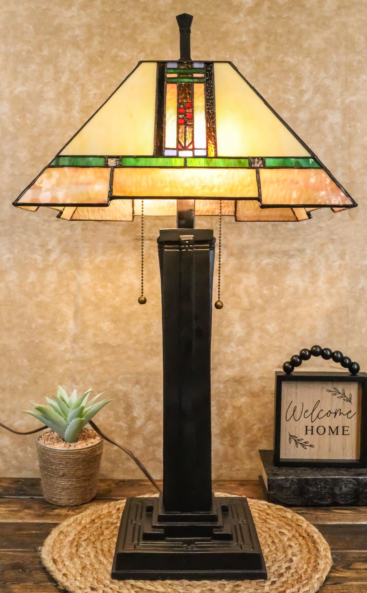 Louis  Mission Style Geometric Vectors Stained Glass Shade Table Lamp