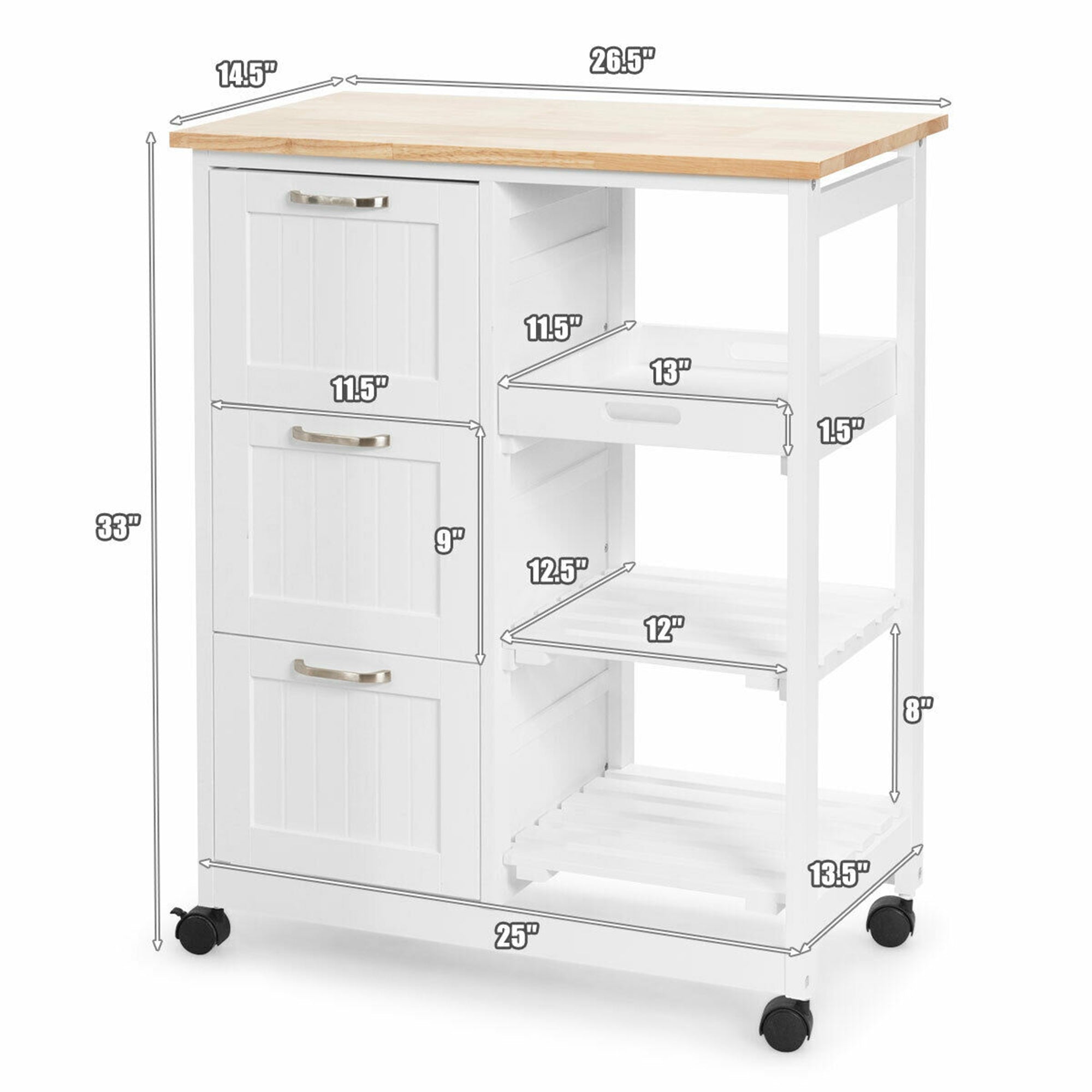 Gymax Rolling Kitchen Island Utility Storage Cart w/ 3 Storage Drawers and Shelves White