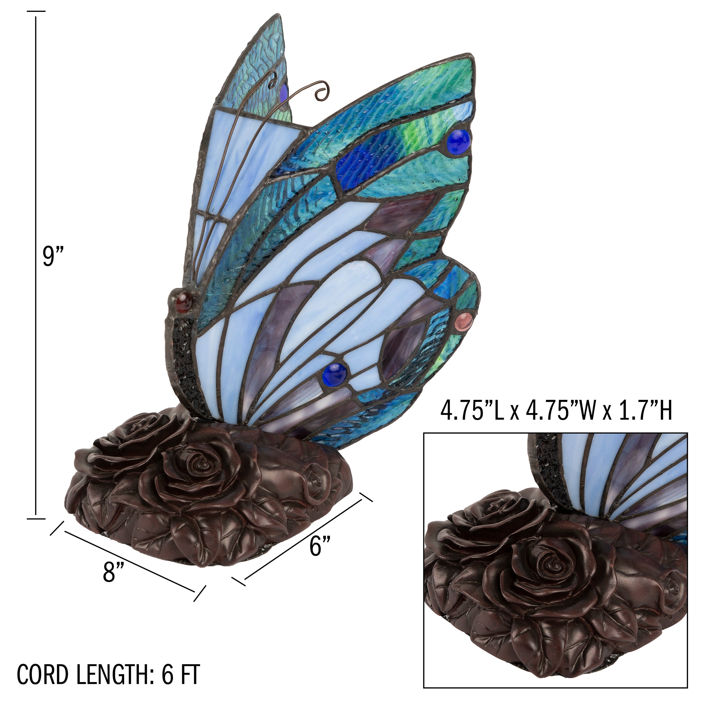 Style Butterfly Lamp-Stained Glass Table or Desk Light LED Bulb Included-Vintage Look Colorful Accent Décor by Lavish Home (Pointed Wings)