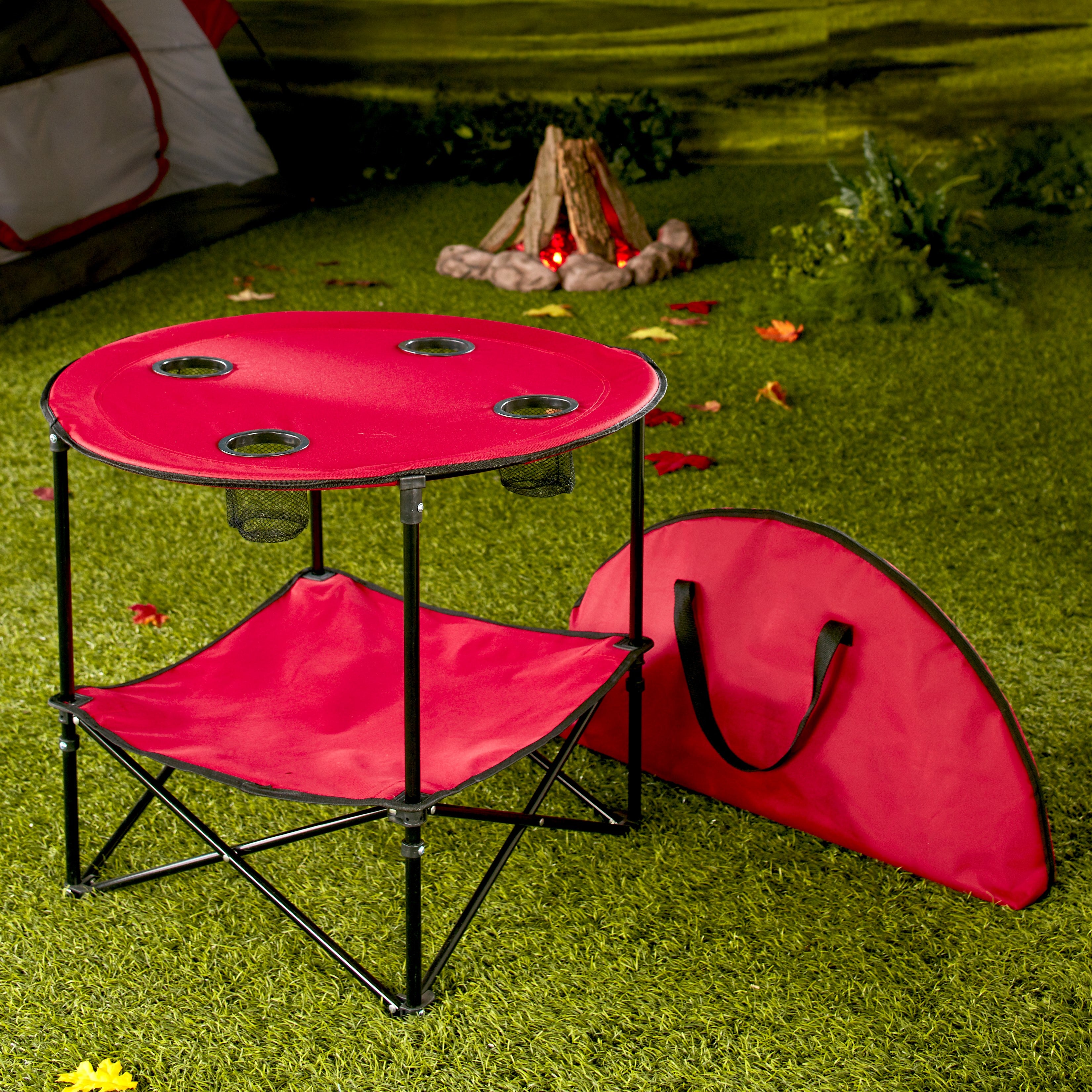 Folding Picnic Table with Shelf Portable Drink Holders Storage Sports Tote Bag (Red)