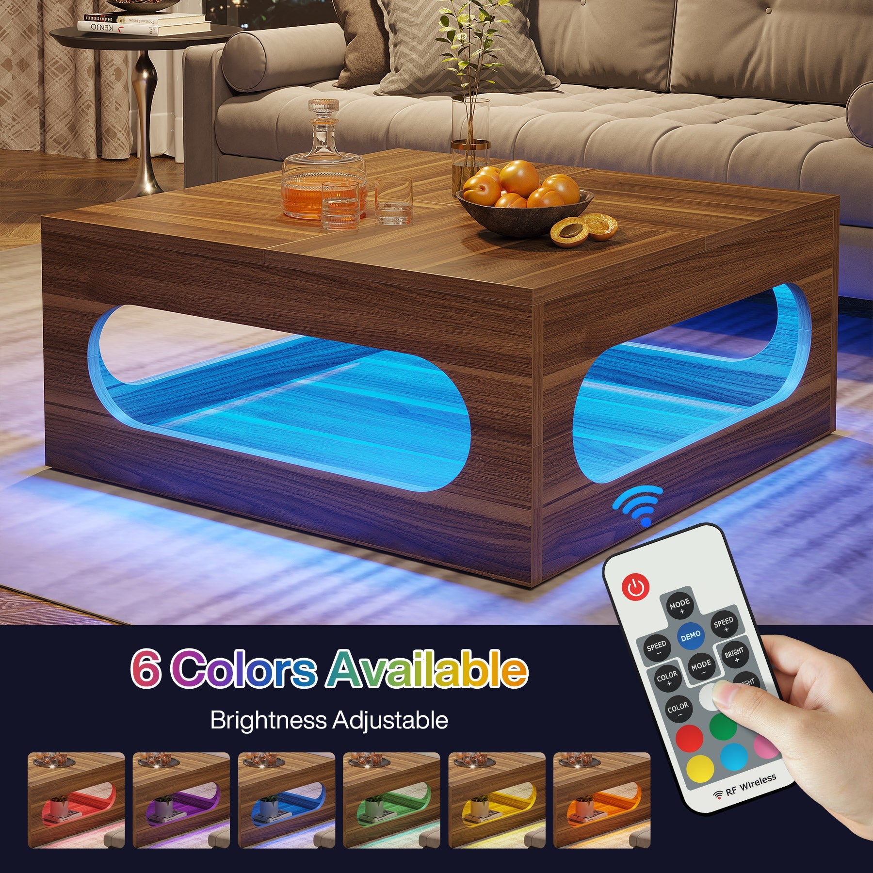 2-Tier Coffee Table, Wood Square Center Tea Table with LED Strip Light