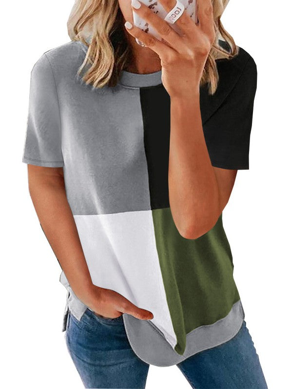 Casual Colorblock Top Crew Neck T Blood