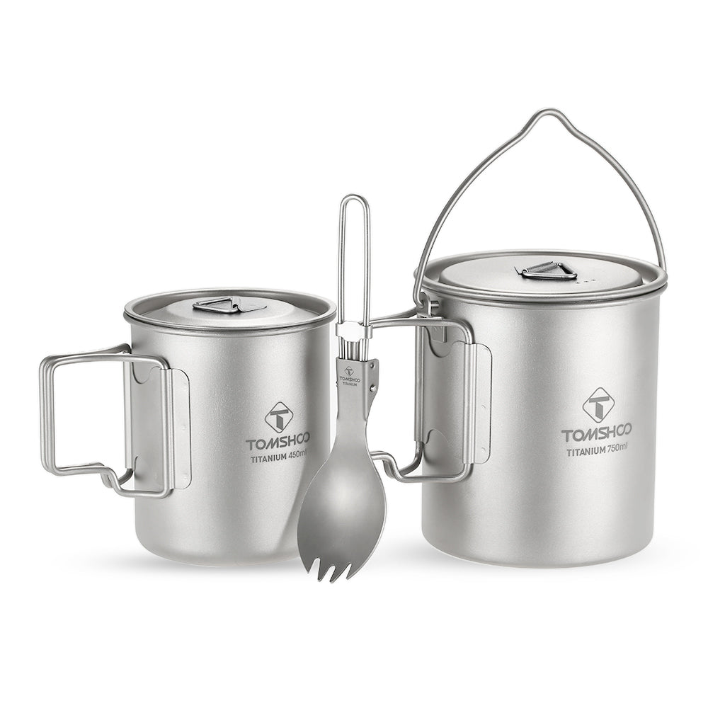 Meterk Lightweight Titanium 3 Pieces Set Titanium 750ml Pot 450ml Water Cup Mug with Lid Collapsible Handle Folding Spork for Outdoor Camping Hiking Backpacking