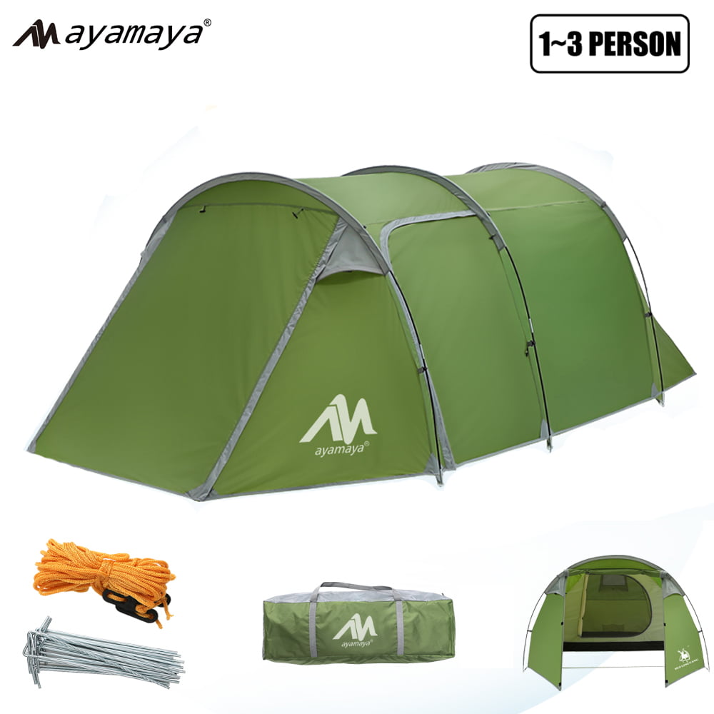 Camping Tents for 3 Person, AYAMAYA Waterproof Motorcycle Tent 2 Room Design - Detachable Bedroom & Vestibule with Footprint, Easy Setup Tunnel Tent for Survival Hiking Backpacking