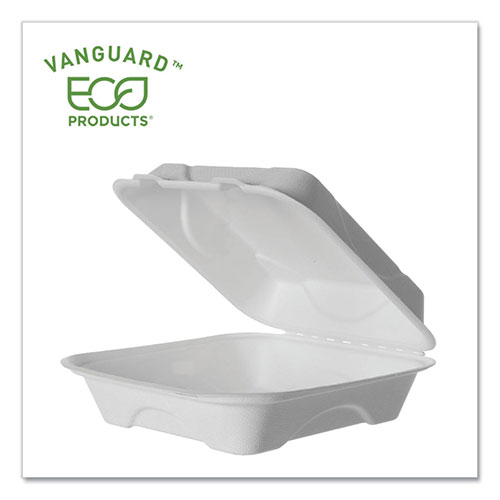 Eco-Products Vanguard Renewable and Compostable Sugarcane Clamshells | 1-Compartment， 8 x 8 x 3， White， 200