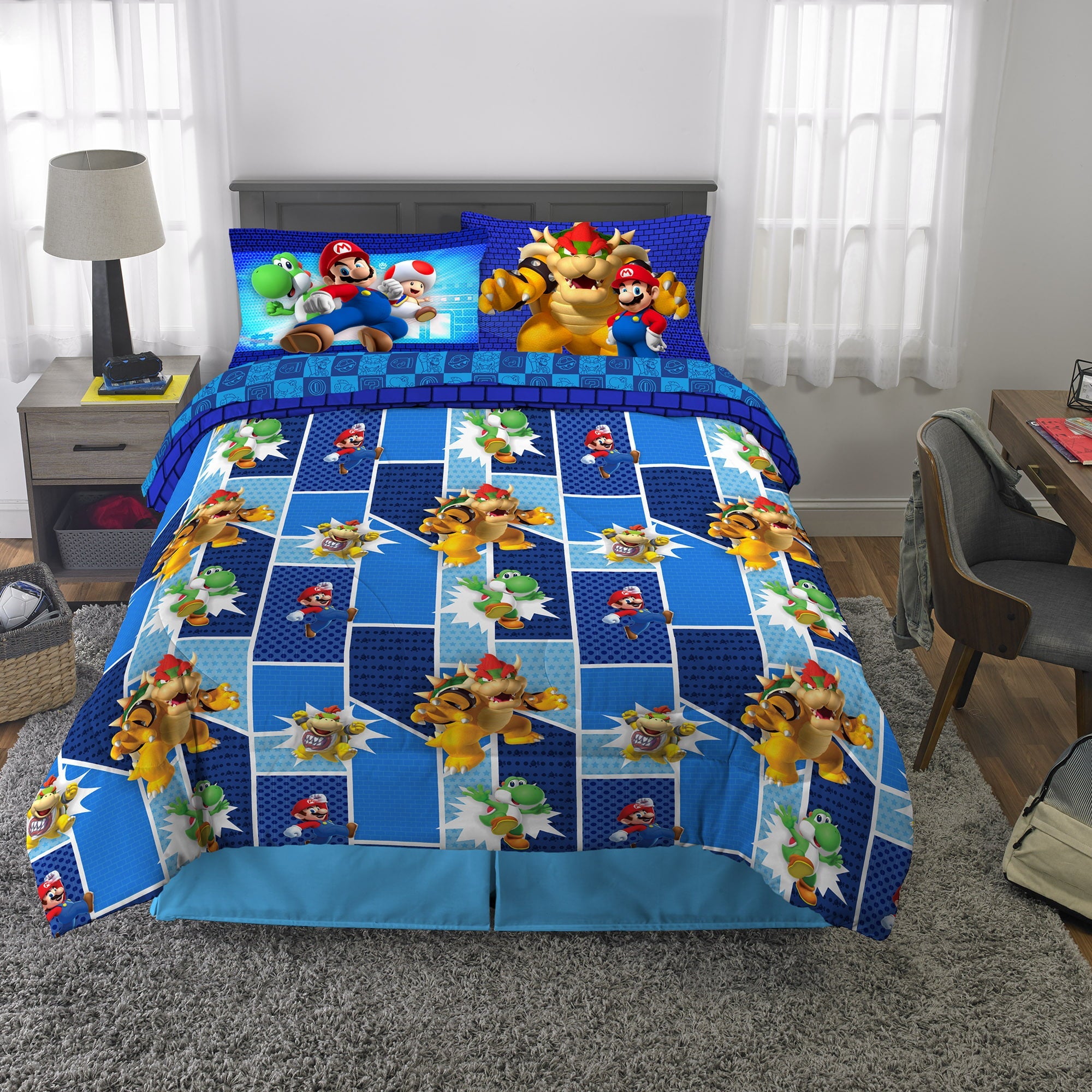 Super Mario Kids Full Bed in a Bag, Gaming Bedding, Comforter and Sheets, Blue, 