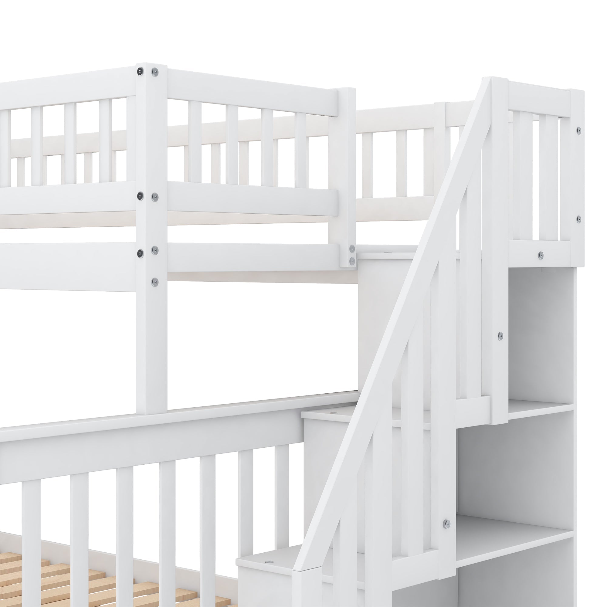 Euroco Twin Over Full Bunk Bed with Trundle and Stairs for Kids, White