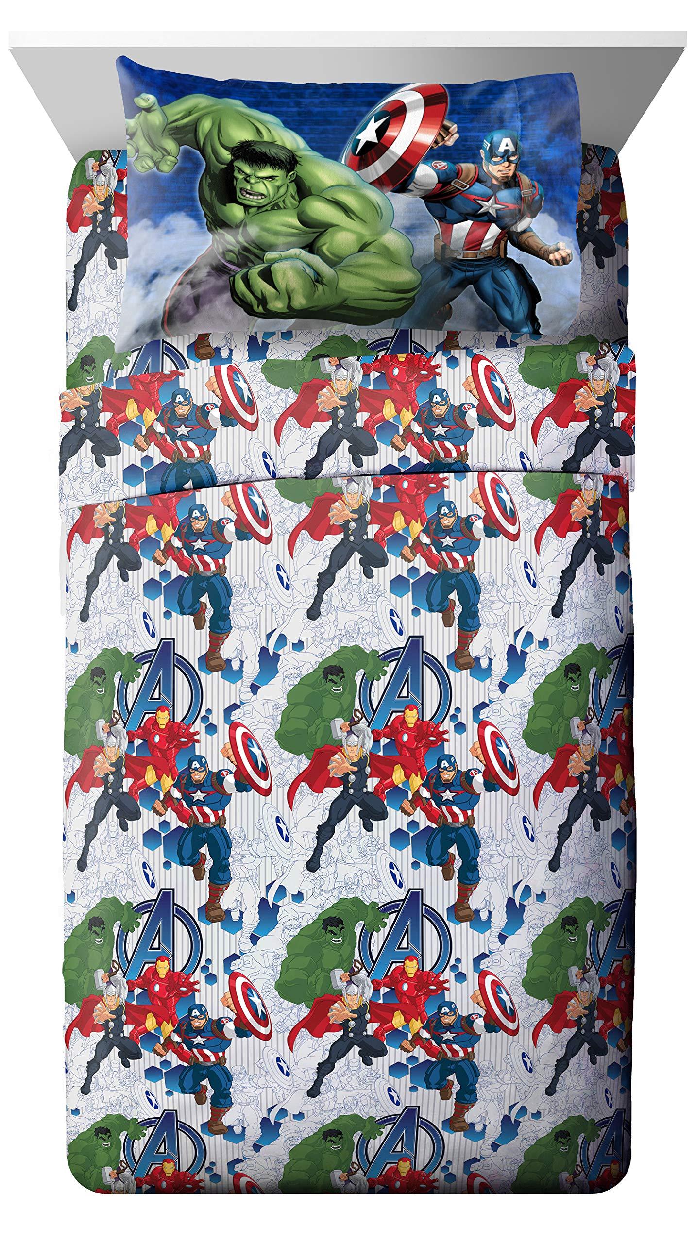 Avengers Collection Cartoon Superhero 5 Pieces Kids Full Bed Set, 100% Microfiber, Blue, Marvel
