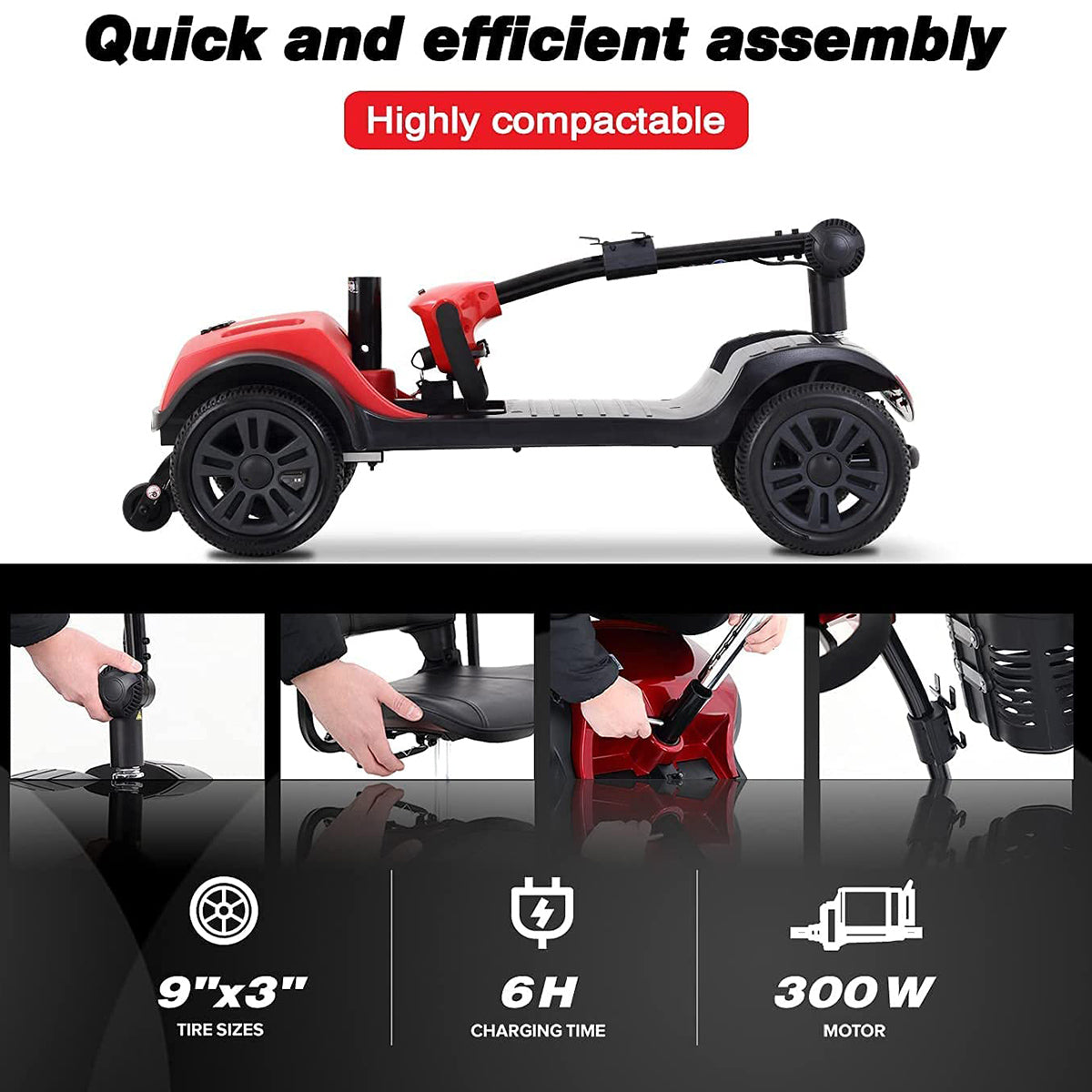 HDJ 10 Miles Folding Electric Scooter Powered Electric Scooter Mobility Scooters for Seniors Adults,4 Wheel Compact Mobile Scooter with Charger and Basket,330 lbs Max Weight