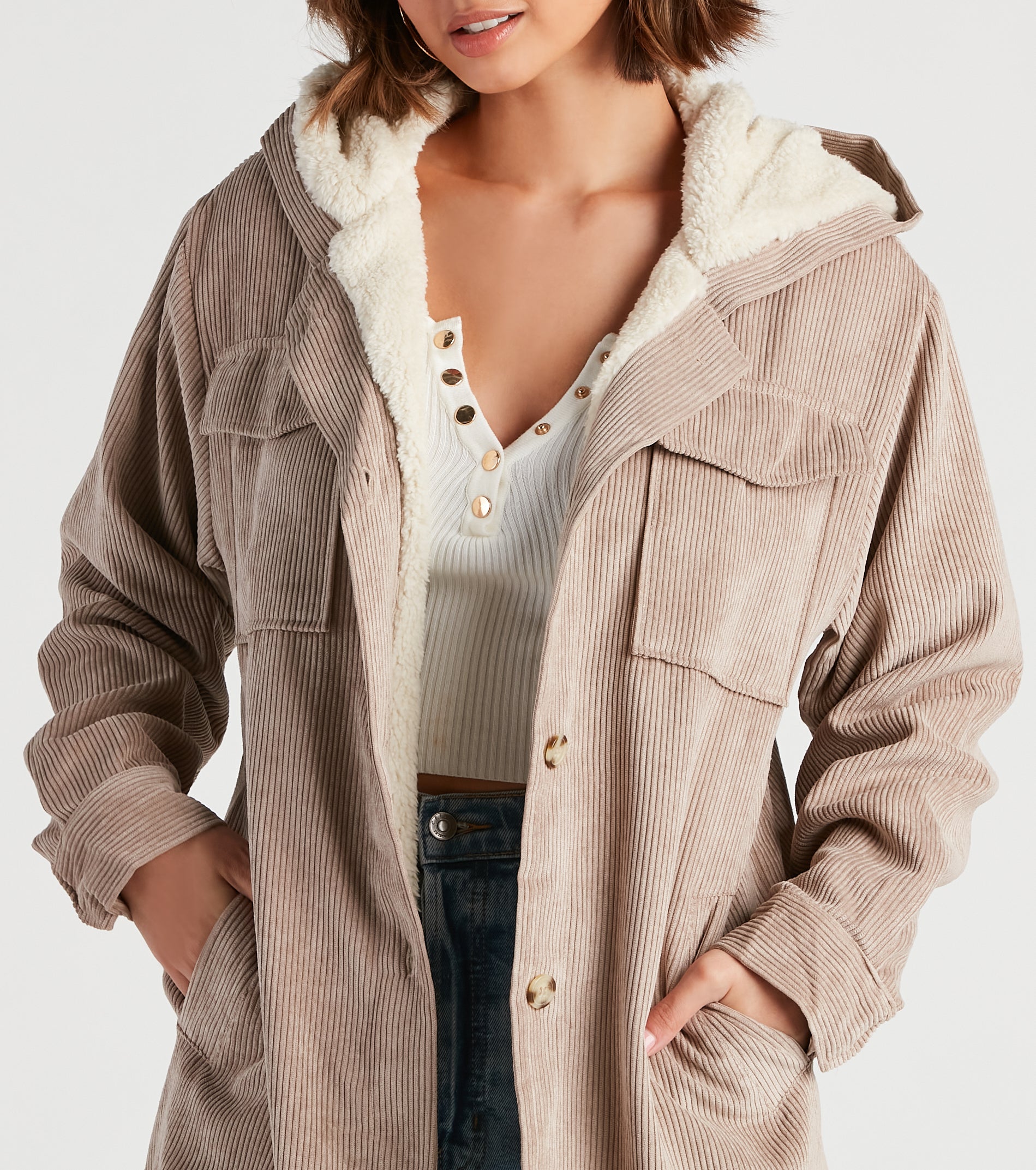 Chill Tale Corduroy Faux Sherpa Shacket