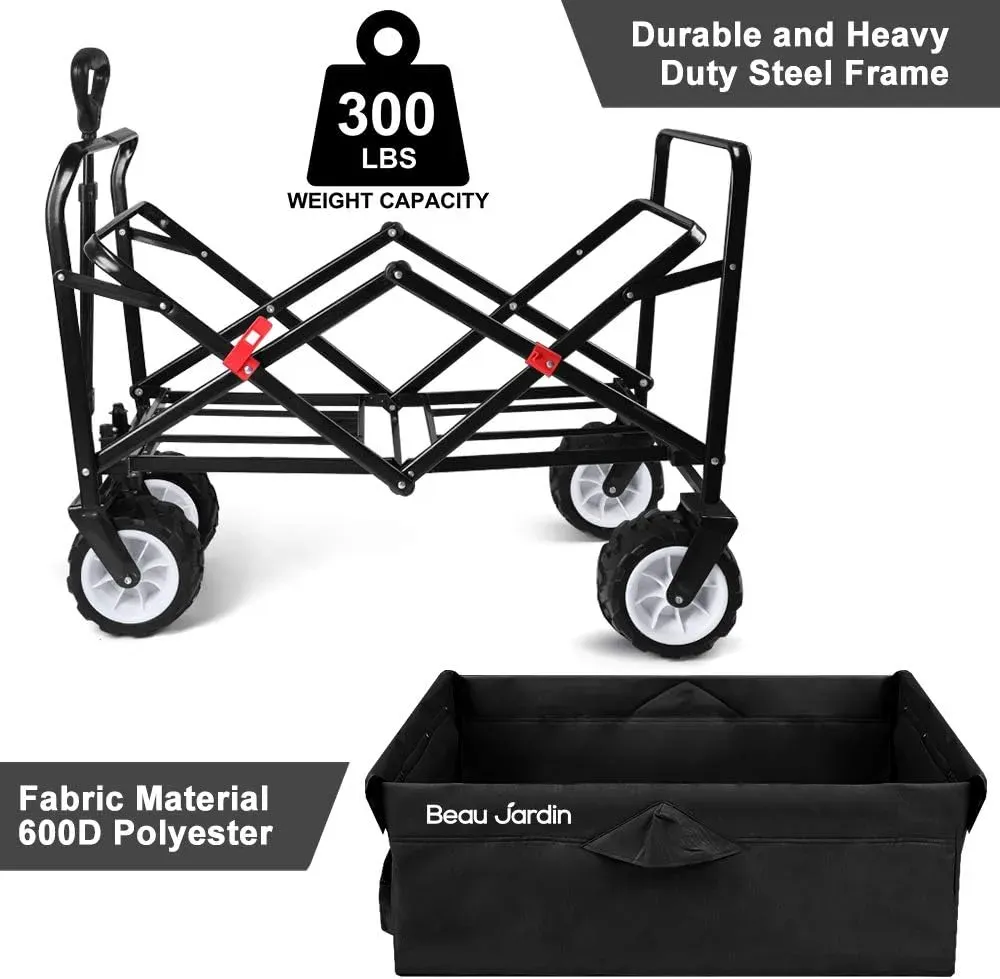 Folding Beach Wagon Cart 300 Pound Capacity Collapsible Utility Camping Grocery Canvas Portable Rolling Outdoor Garden Sport Heavy Duty Shopping Wide All Terrain Wheel Black BG377