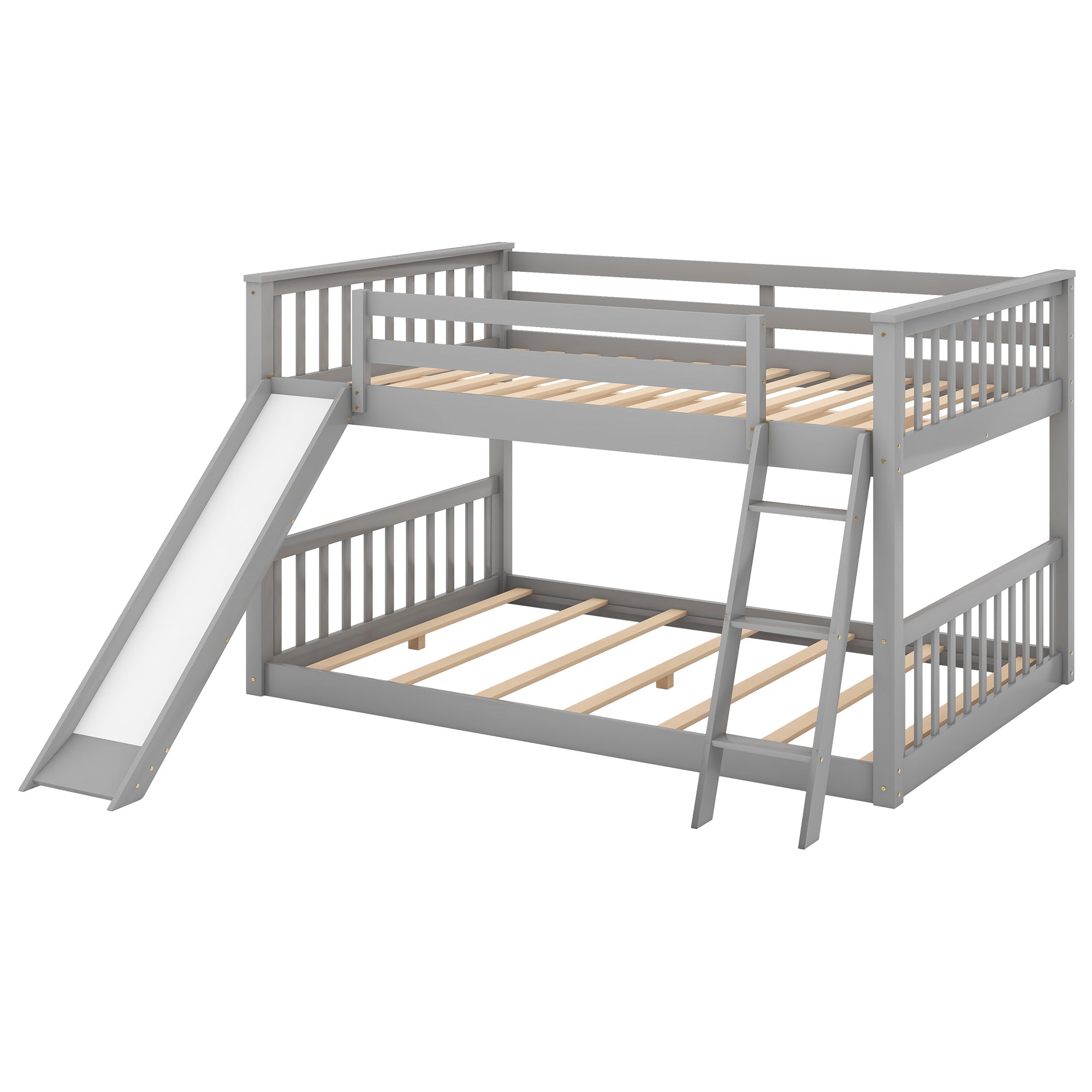 Euroco Full over Full Floor Bunk Bed with Slide and Ladder for Kids Bedroom, Gray