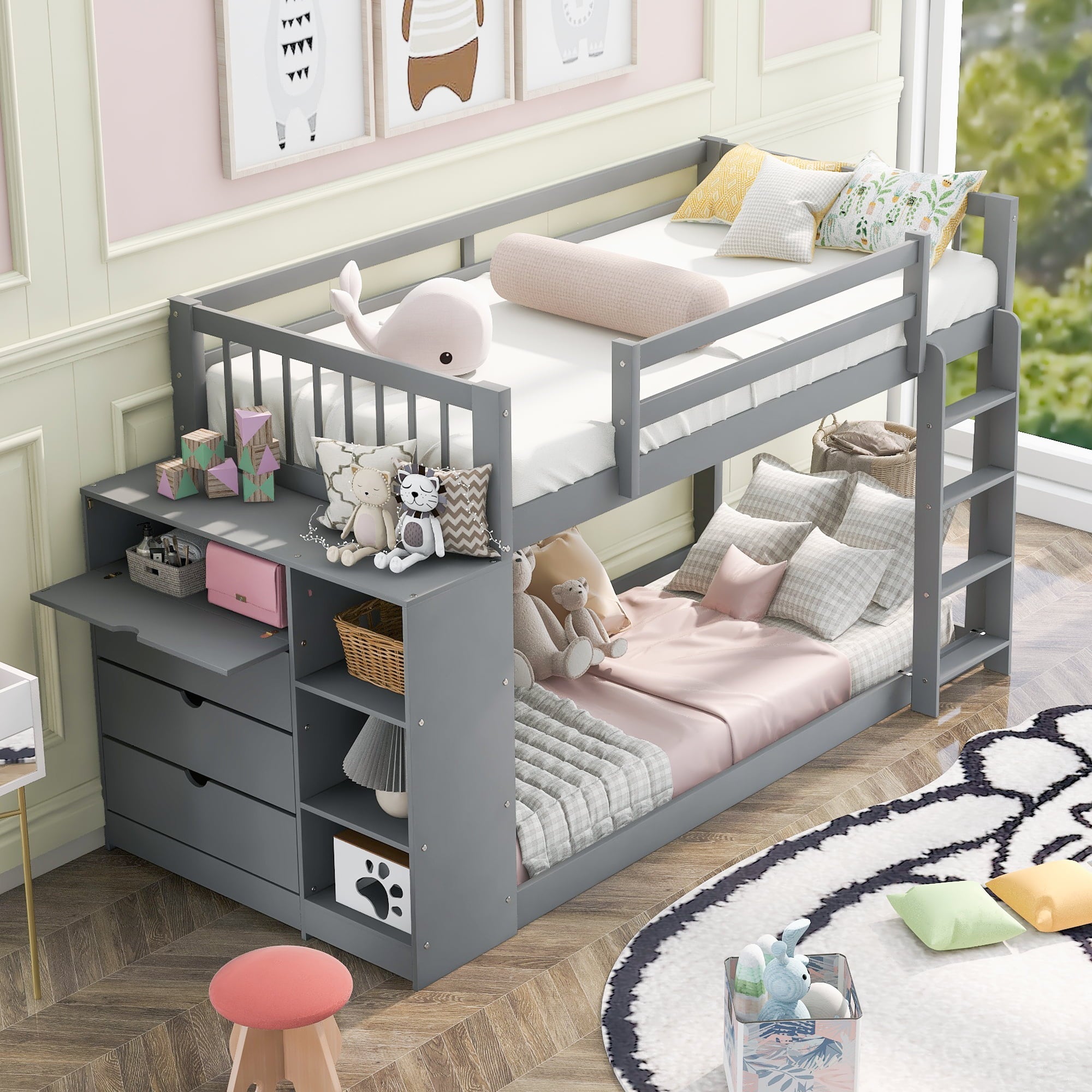 Euroco Twin over Twin Bunk Bed with Attached Cabinet and Storage Shelves for Kids, Gray