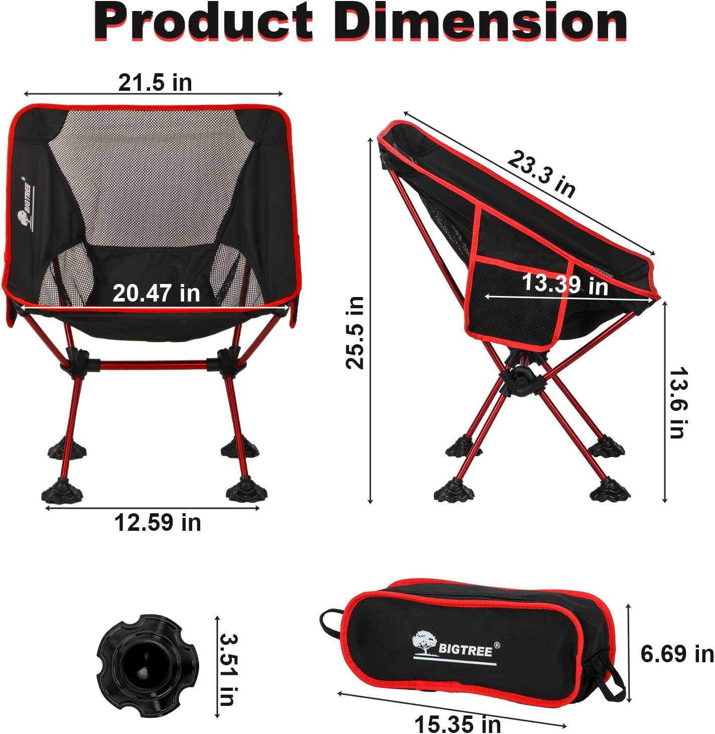 BIGTREE Folding Camping Chair Travel Seat Side Pocket Super Compact Light Fishing Picnic Red