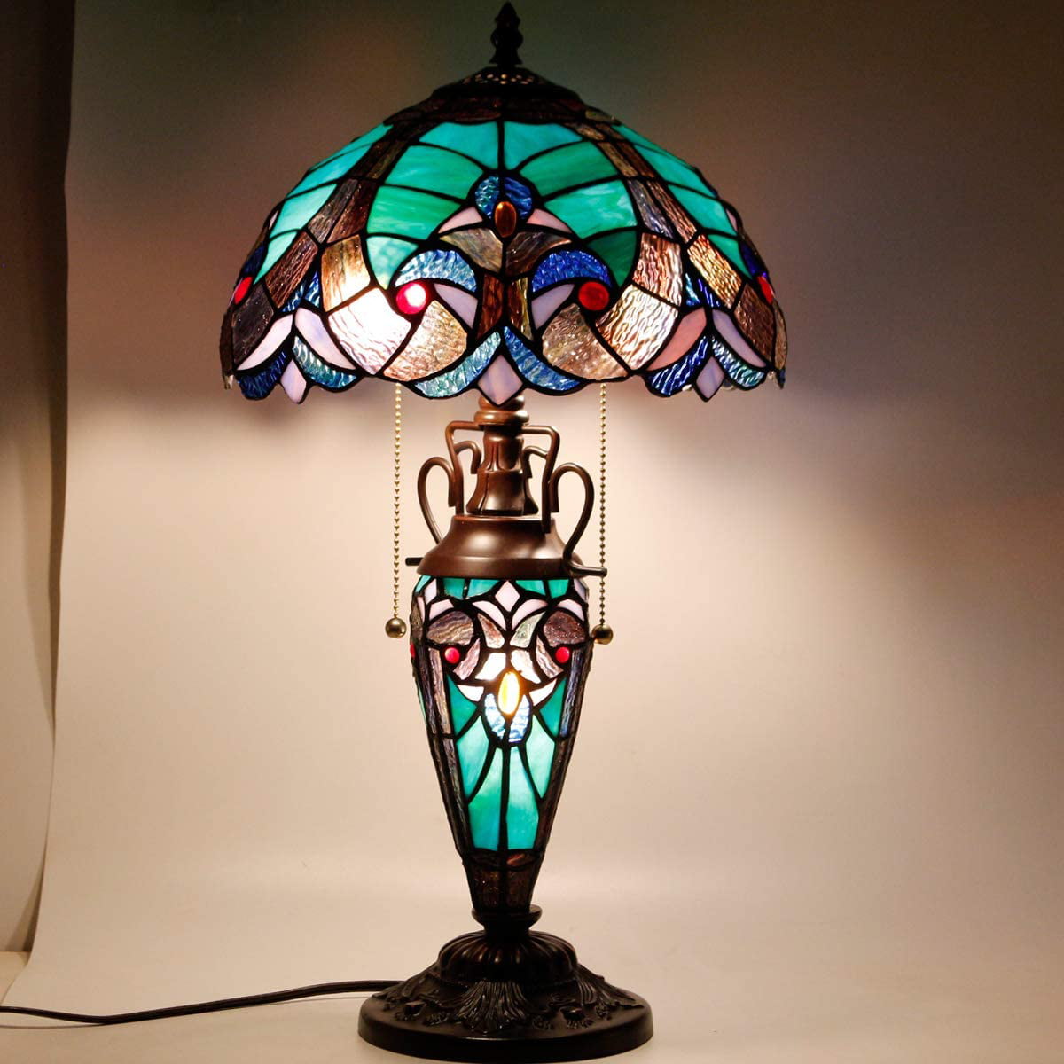 GEDUBIUBOO  Style Table Lamp Green Stained Glass Liaison Lamp 12X12X22 Inches Mother-Daughter Vase Desk Reading Light Decor Bedroom Living Room  Office S160G Series