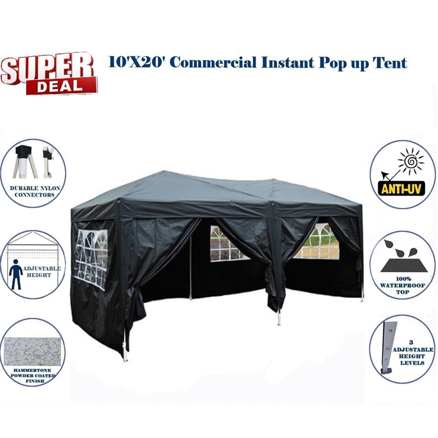 Zimtown Outdoor Easy Pop Up Tent Party Canopy Gazebo with 6 Walls 10' x 20' Black