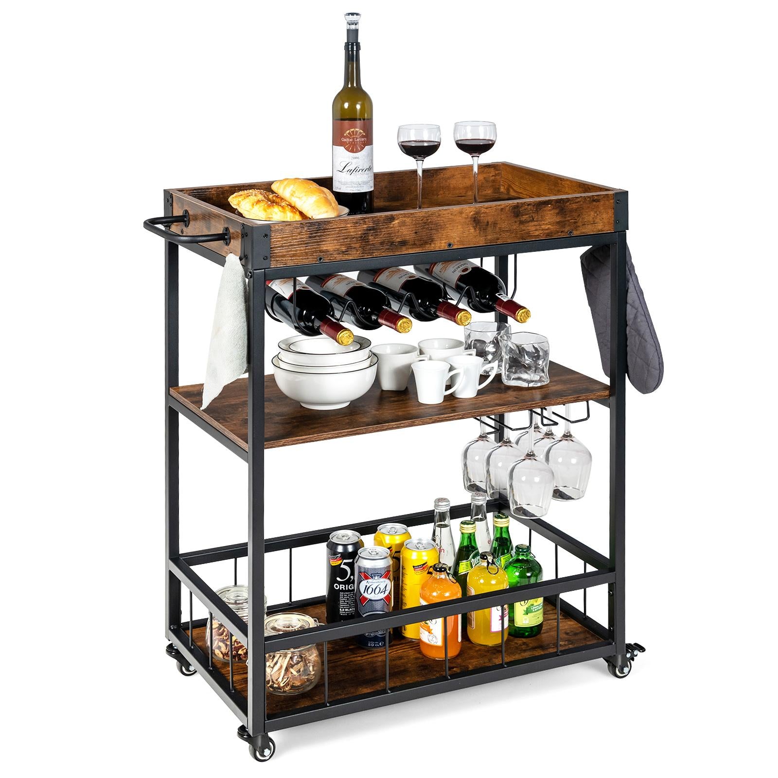 Giantex Bar Cart， Industrial Style Kitchen Rolling Cart  w/Removable Top Tray and Wheels，