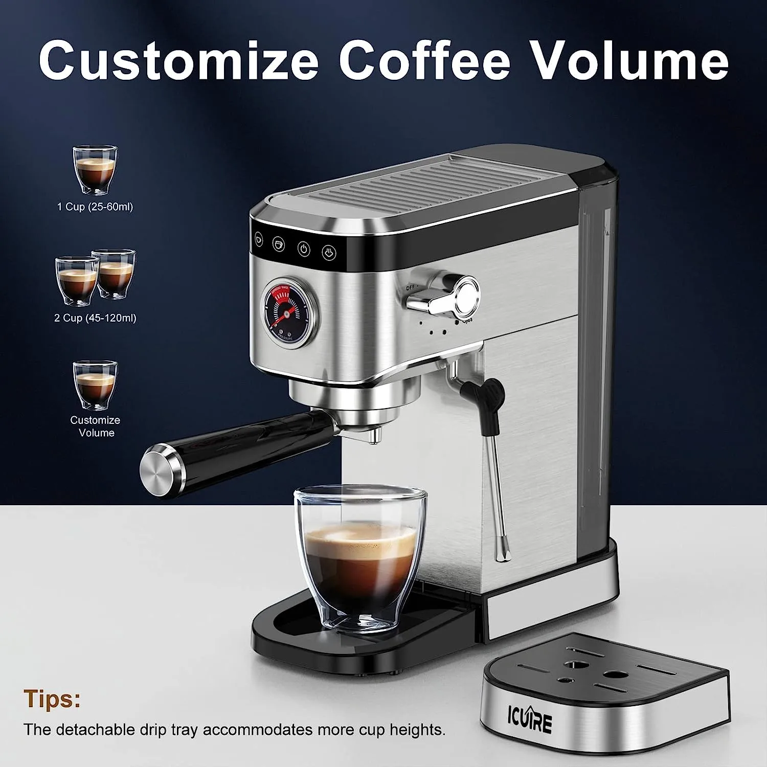 ICUIRE Espresso Machine, 20 Bar Compact Steam Espresso Coffee Machine with Milk Frother, Digital Touch Panel, 37 Oz Removable Water Tank for Espresso Make