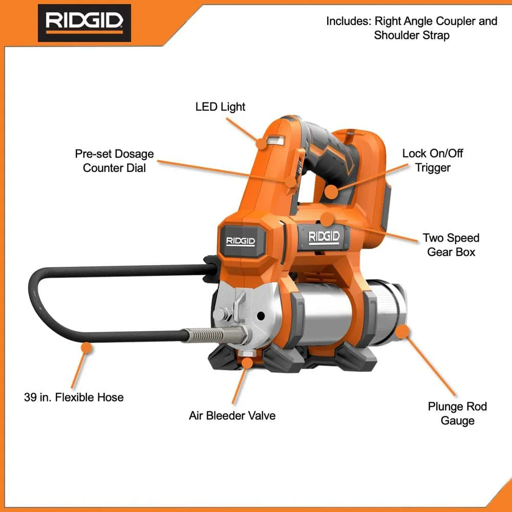 RIDGID 18V Cordless Grease Gun with (2) 4.0 Ah Batteries, 18V Charger, and Bag R860445B-AC93044SBN