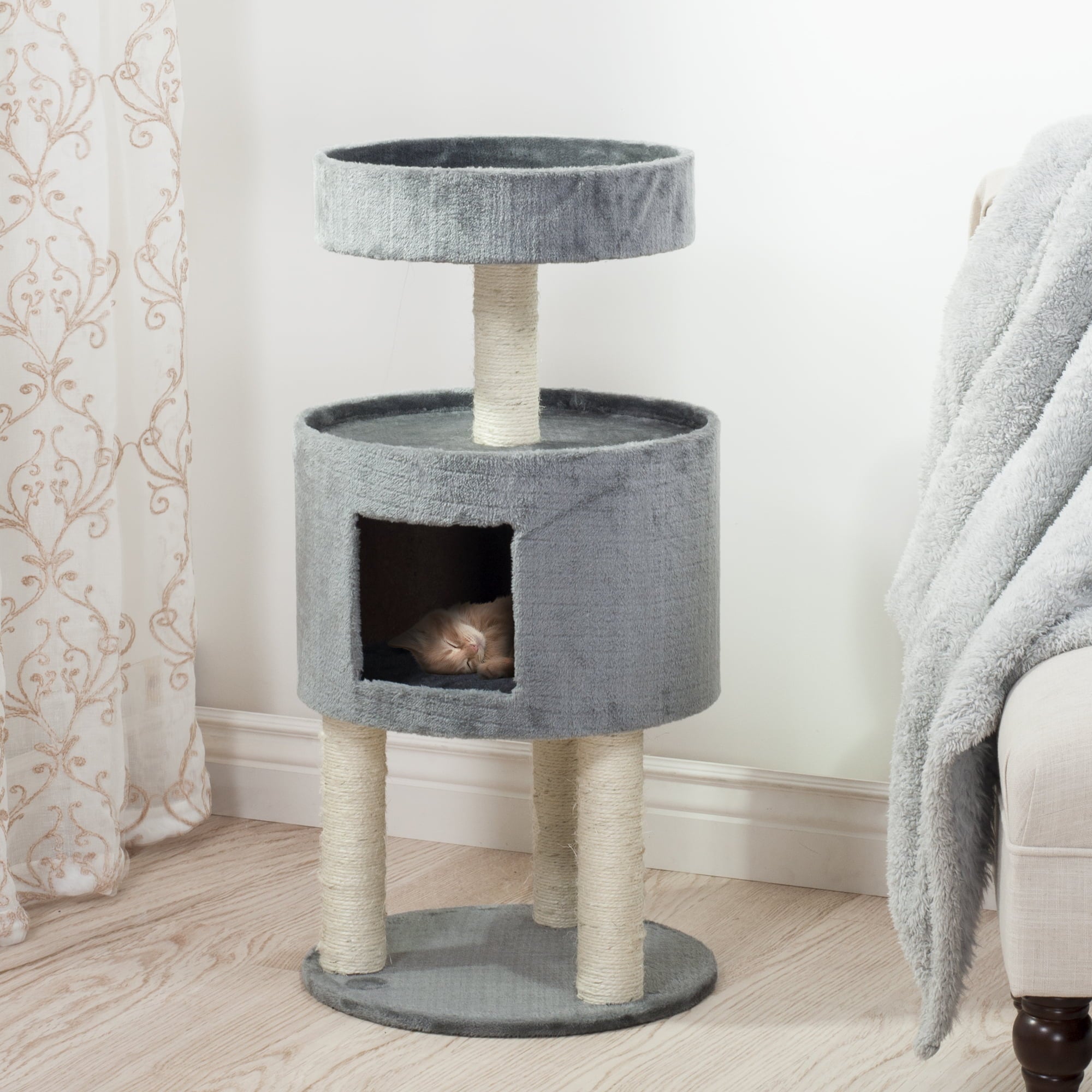4-Tier Round Cat Tower - Large Cat Condo， Napping Perch， and 4 Sisal Rope Scratching Posts - Cat Tree for Indoor Cats by PETMAKER (Gray)