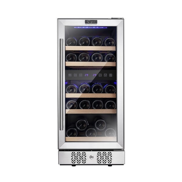 15 in. Double Zone 29-Bottle Built-In and Freestanding Wine Chiller Refrigerator in Stainless Steel - - 34198499