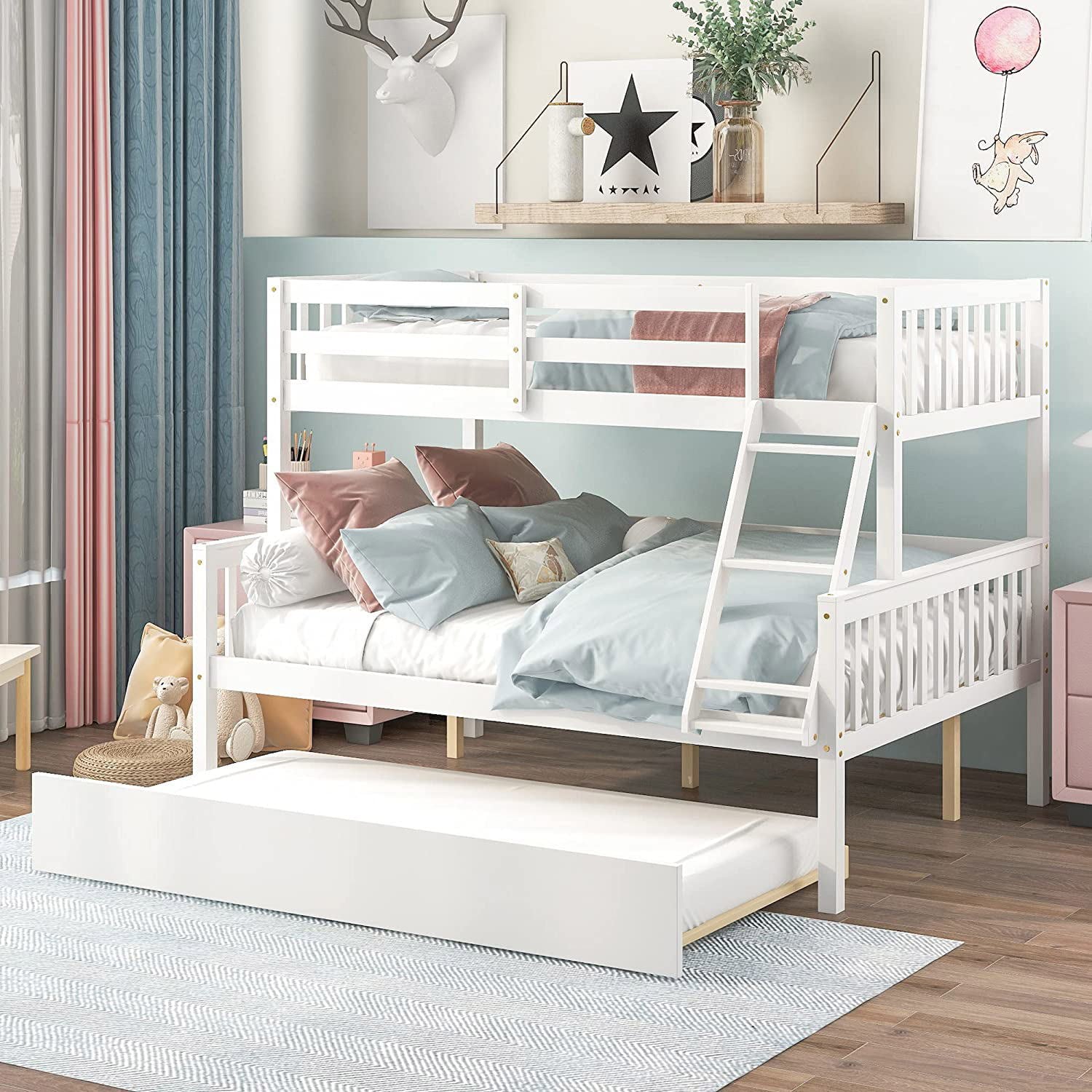 Twin Over Full Bunk Bed with Trundle, Pine Wood Bed Frame and Ladder with Guard Rails for Toddlers, Kids, Teens, Boys and Girls, White