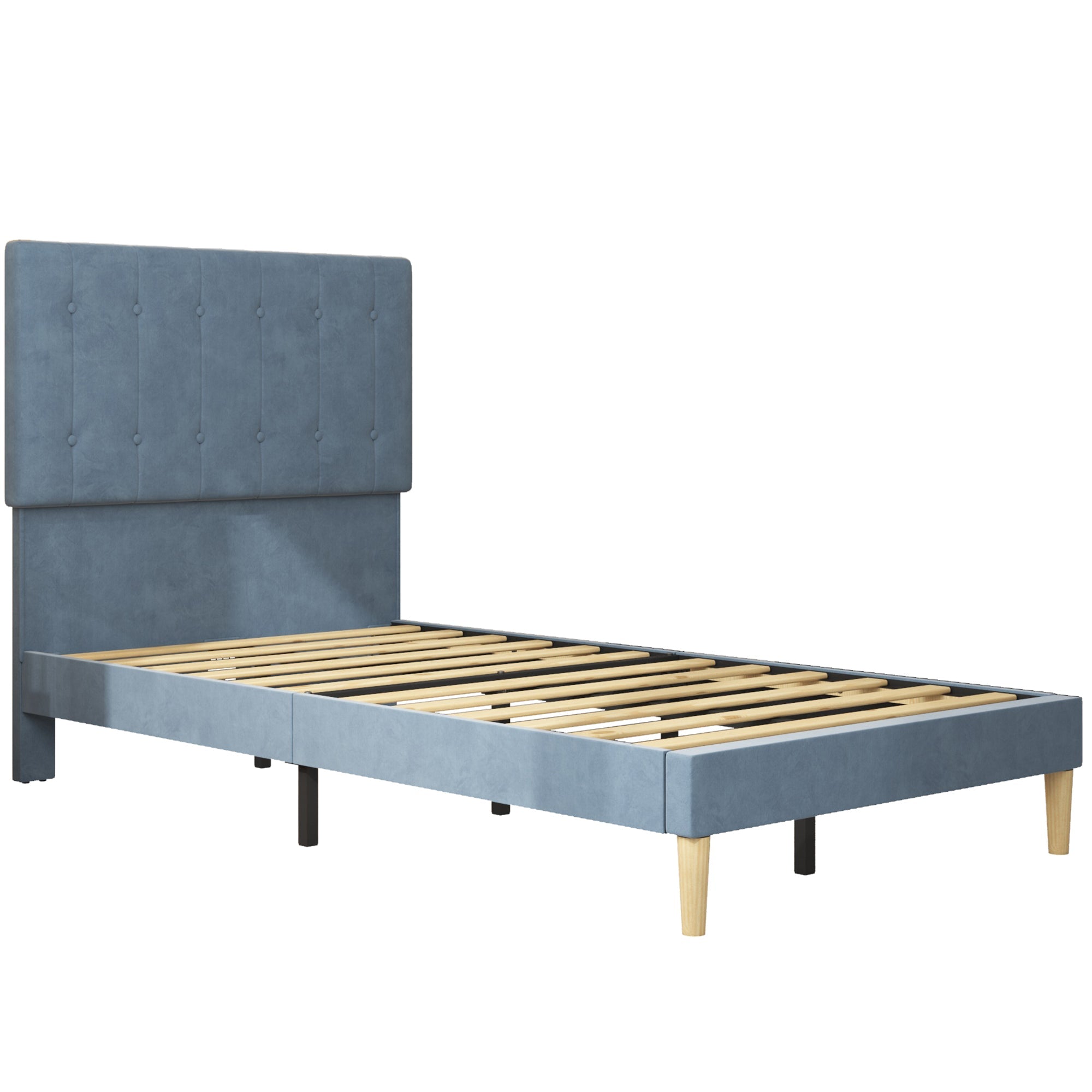 uhomepro Modern Upholstered Platform Twin Bed Frame with Headboard, Heavy Duty Blue Twin Bed Frame with Wood Slat Support, Mattress Foundation for Adults Kids, No Box Spring Needed