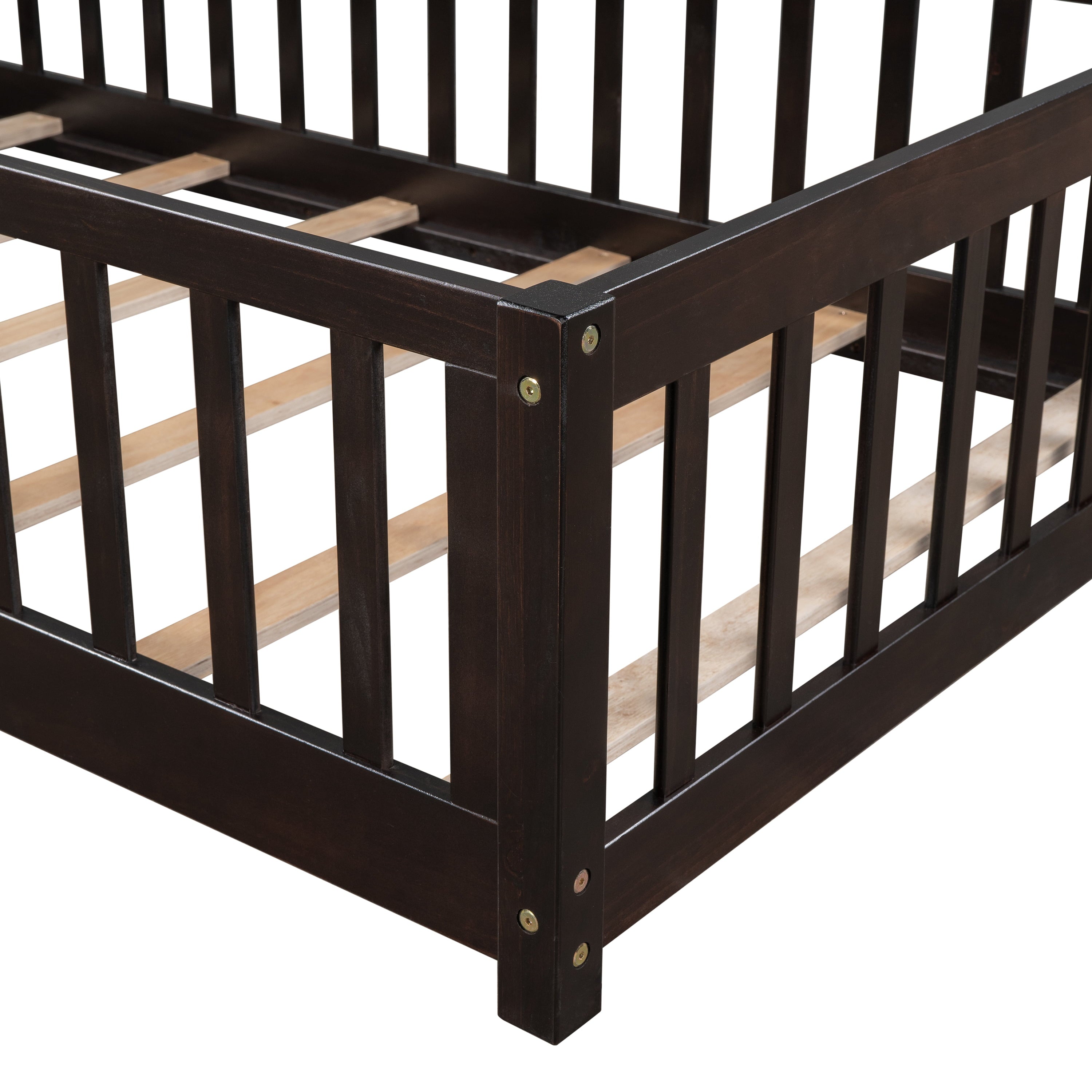 uhomepro Twin Size Wood Floor Bed Frame with Fence and Door for Kids, Toddlers, Espresso