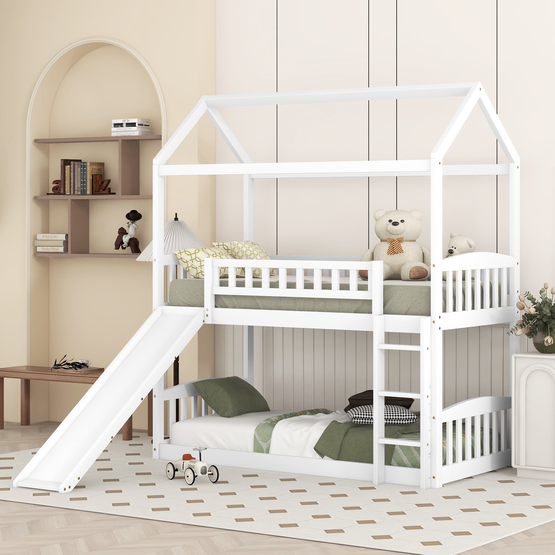 Bellemave Bunk Bed with Slide, Wood Twin Over Twin House Bed Frame with Ladder for Kids Teens(White)