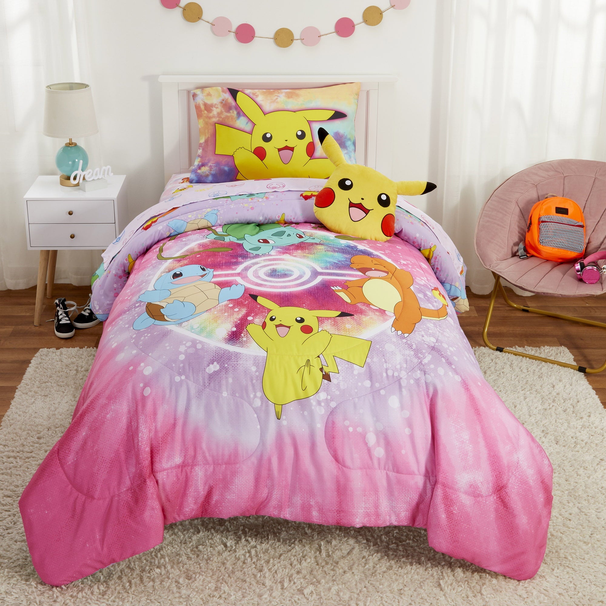 Pokémon Kids Twin Bed in a Bag, Tie-Dye, Gaming Bedding, Comforter and Sheets, Purple