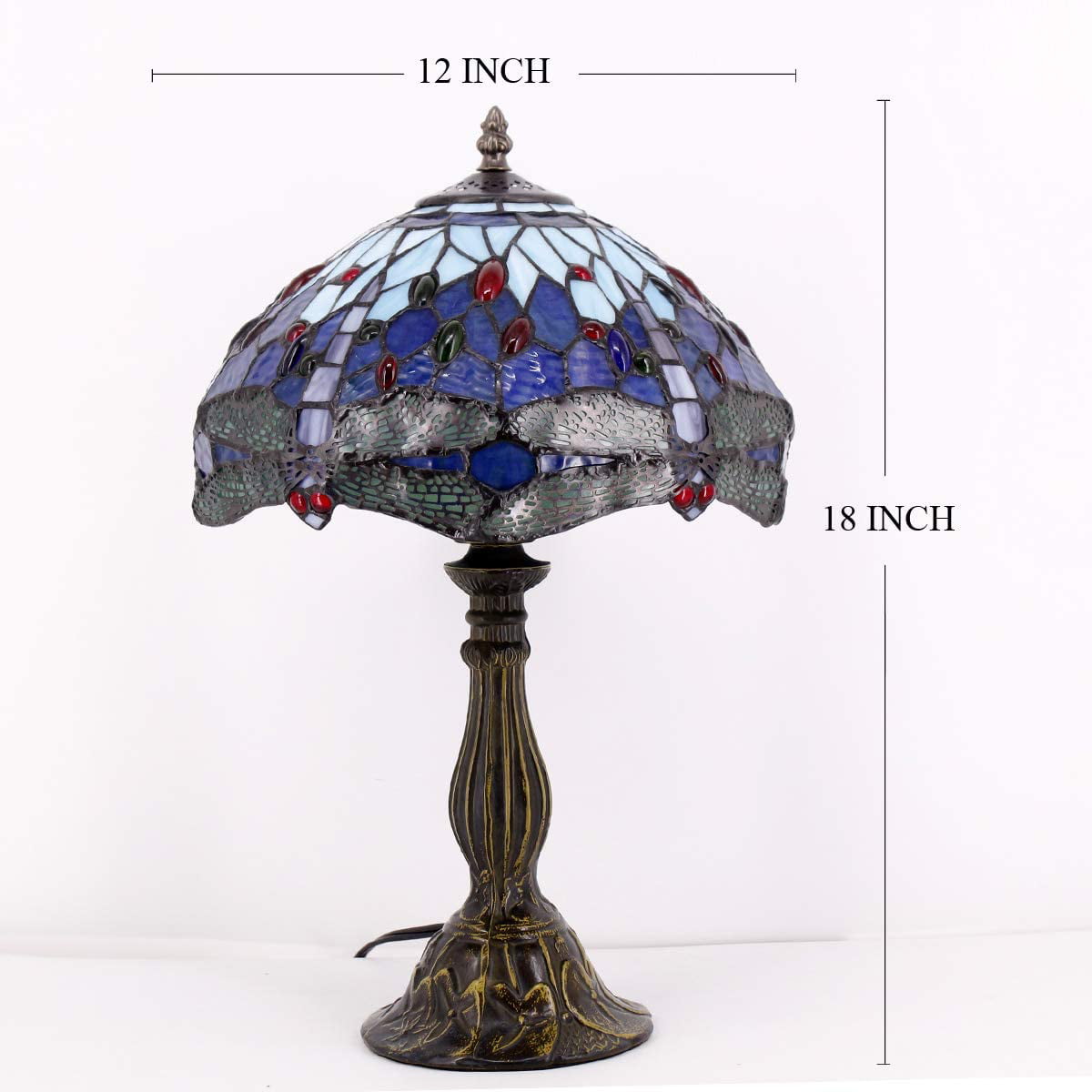 SHADY  Table Lamp Blue Stained Glass Dragonfly Style Bedside Desk Reading Light 12X12X18 Inches Decor Bedroom Living Room Home Office S004 Series