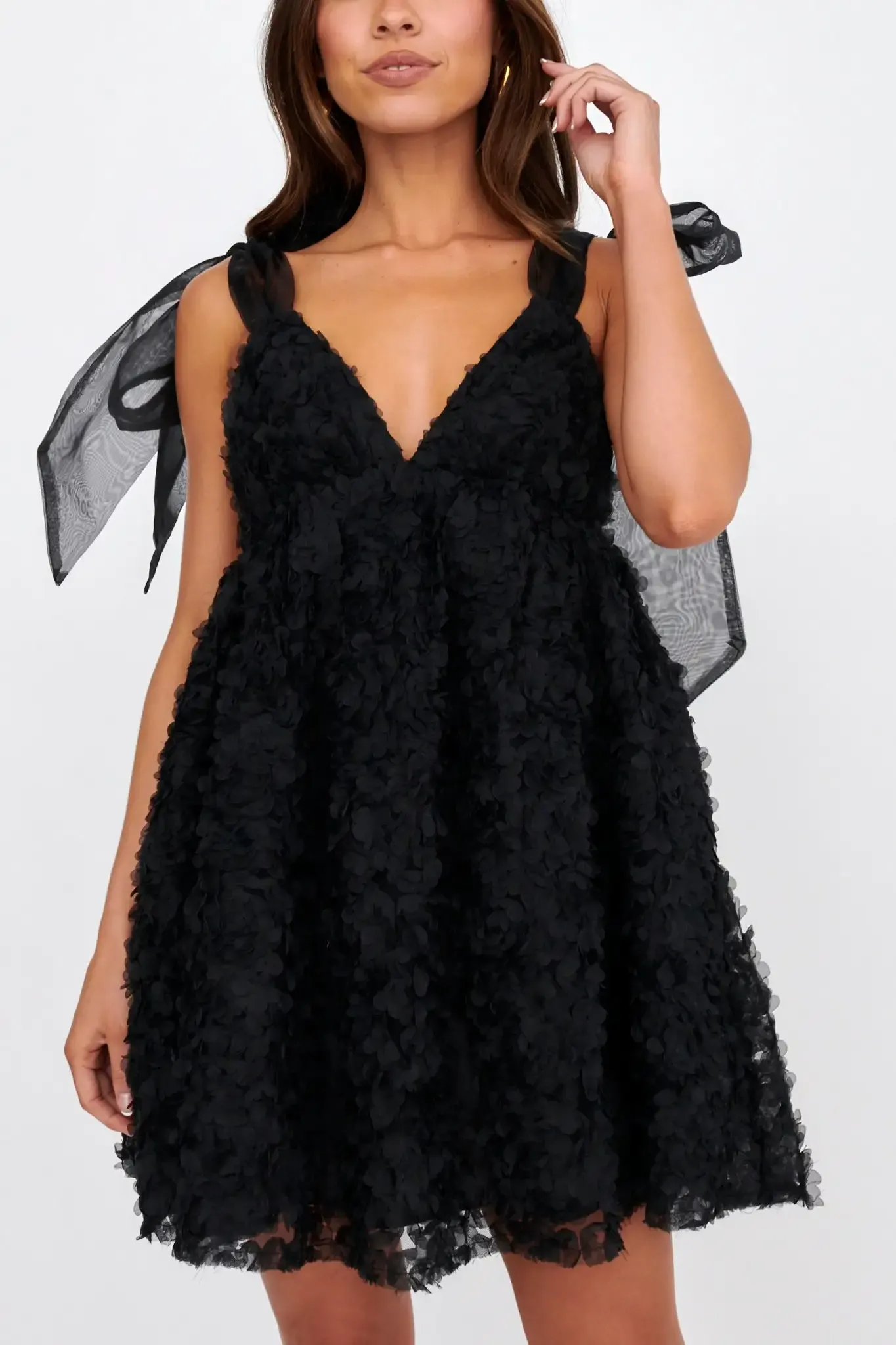Cloudconsult Lisette Tied Shoulder Embellished Mini Dress Black