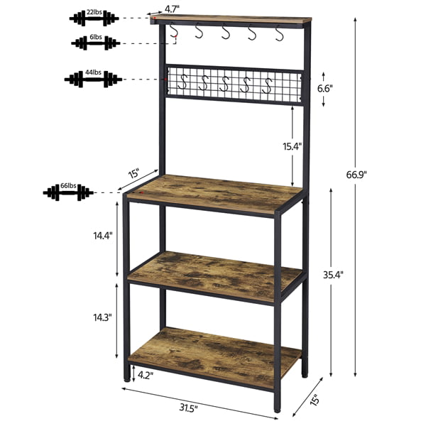 Yaheetech Adjustable Feet Microwave Stand 67''H Baker's Rack For Kitchen Rustic Utility Storage Shelf Unit With 4 Storage Shelves and 10 Hooks Rustic Brown